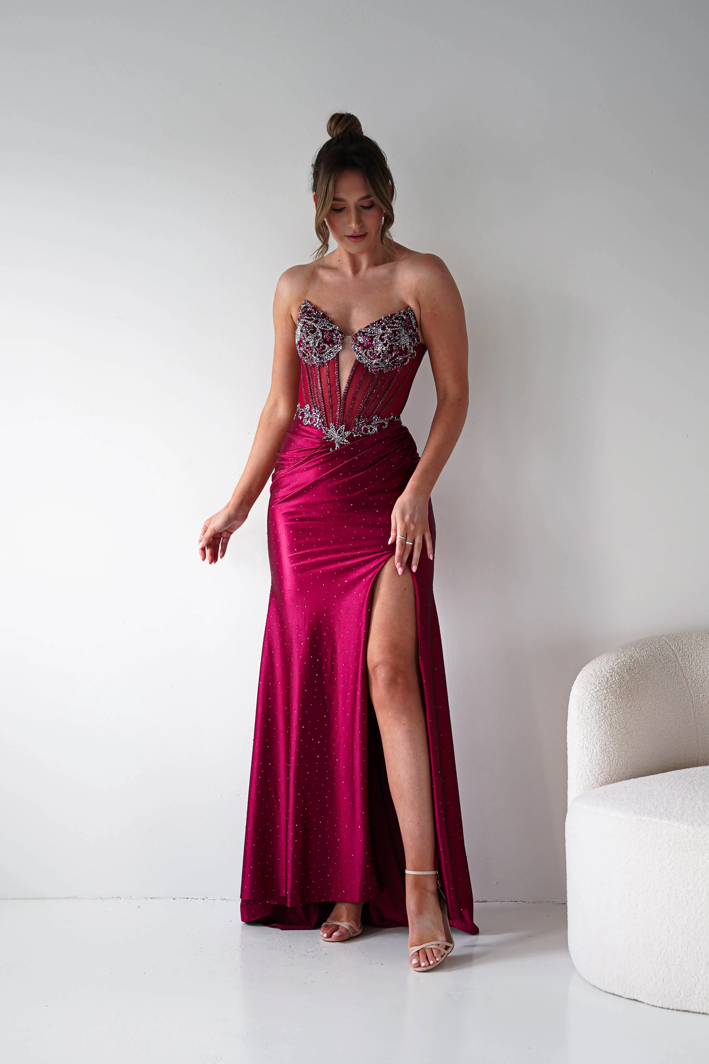 Monaco Rhinestone Strapless Gown | Dark Red - Image 5