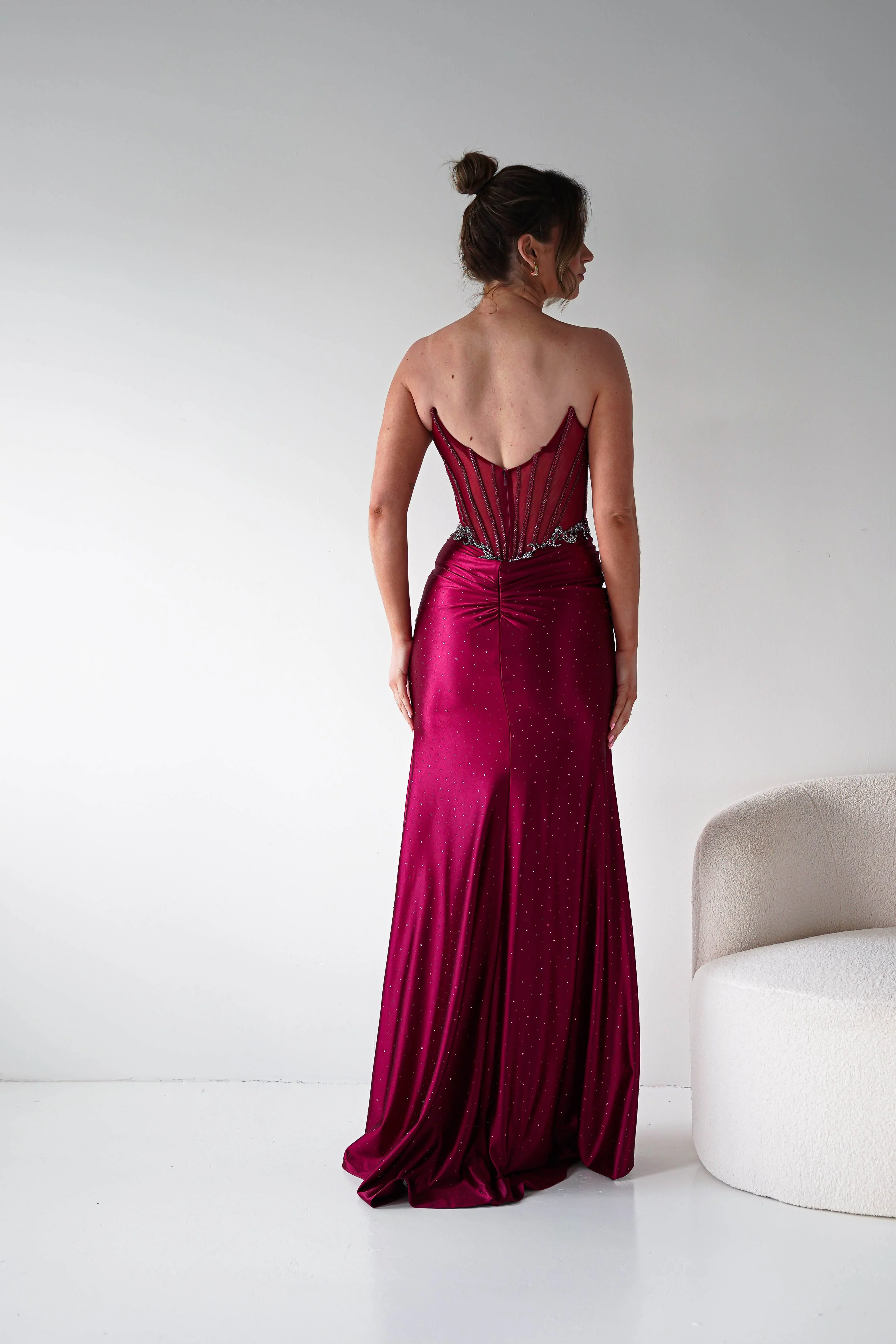 Monaco Rhinestone Strapless Gown | Dark Red - Image 6
