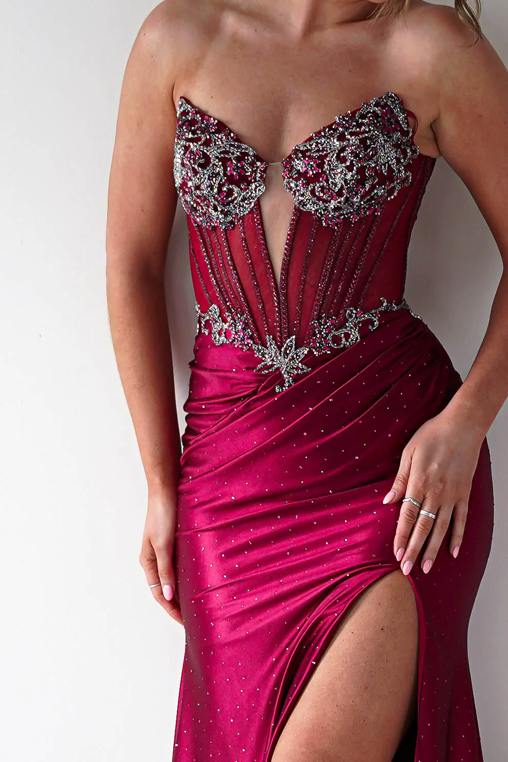 Monaco Rhinestone Strapless Gown | Dark Red - Image 7
