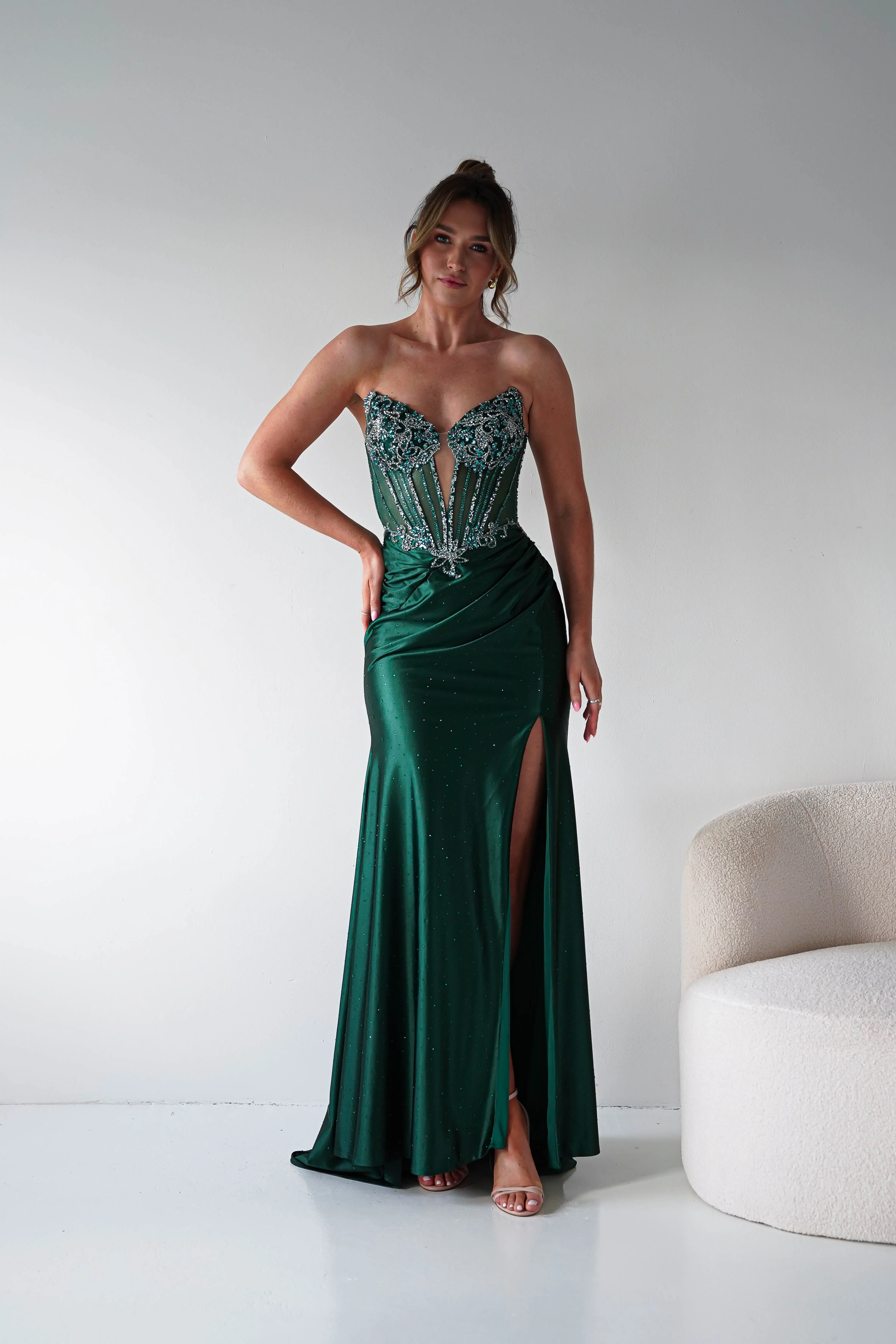 Monaco Rhinestone Strapless Gown | Emerald Green