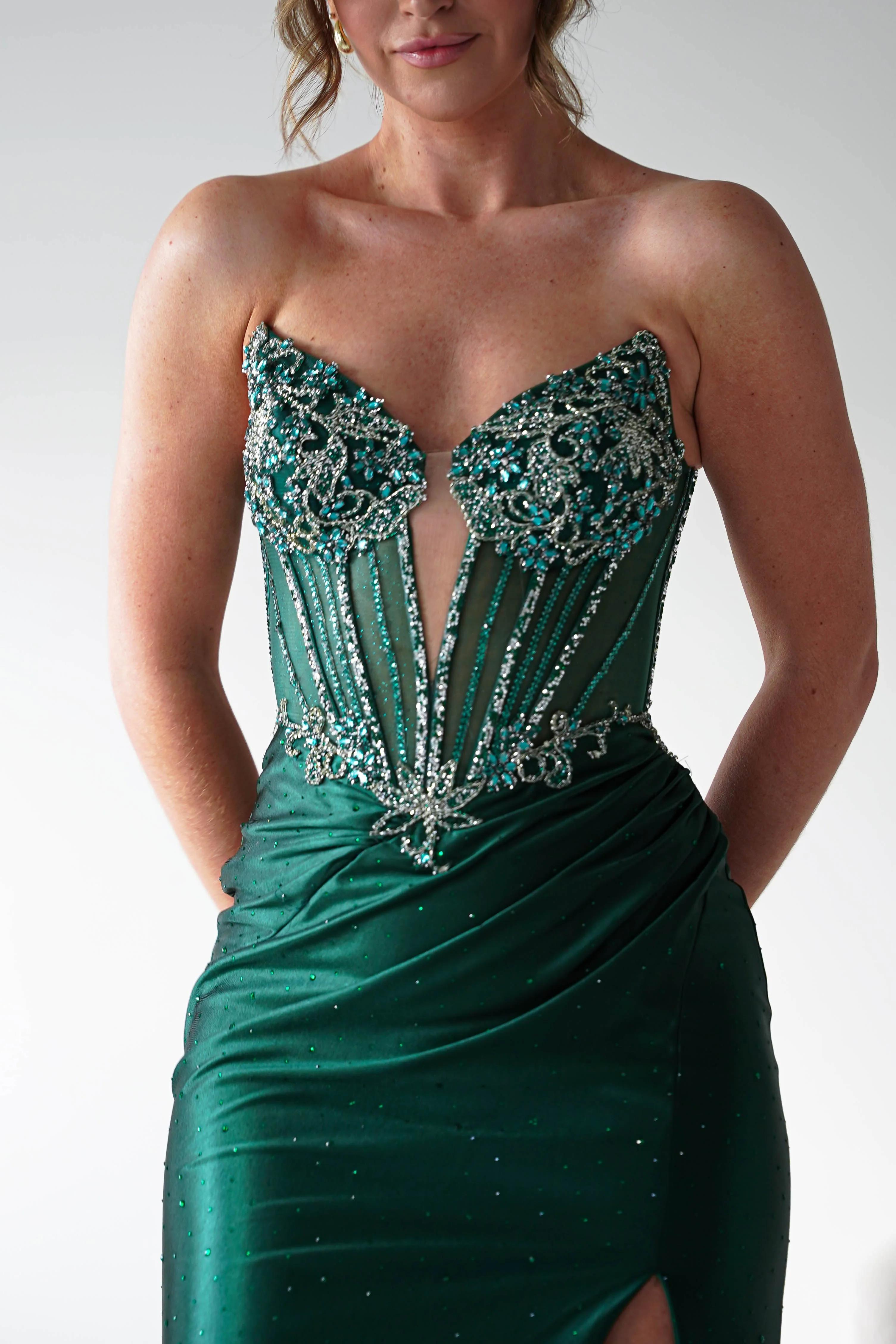 Monaco Rhinestone Strapless Gown | Emerald Green - Image 11