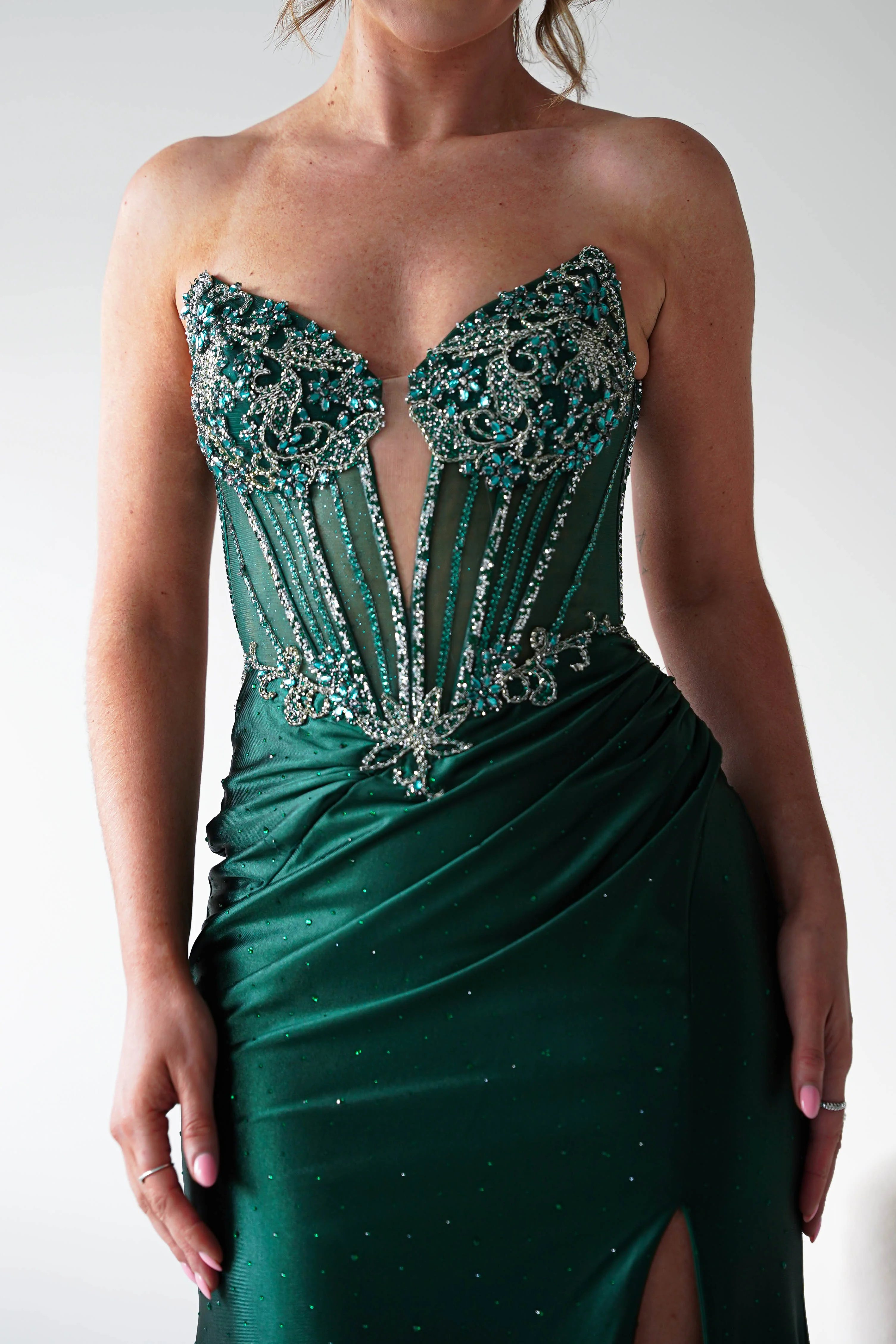 Monaco Rhinestone Strapless Gown | Emerald Green - Image 12