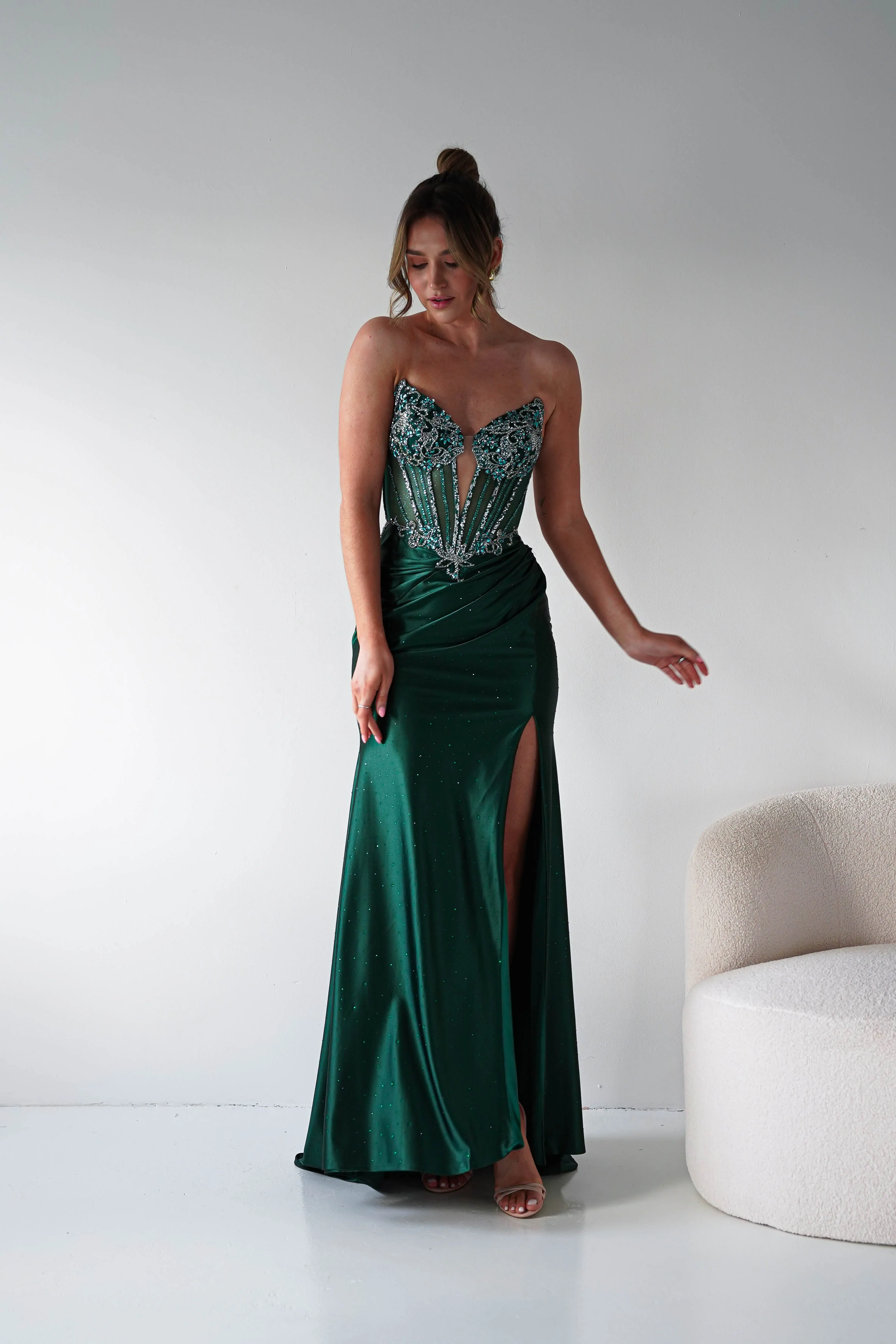 Monaco Rhinestone Strapless Gown | Emerald Green - Image 2