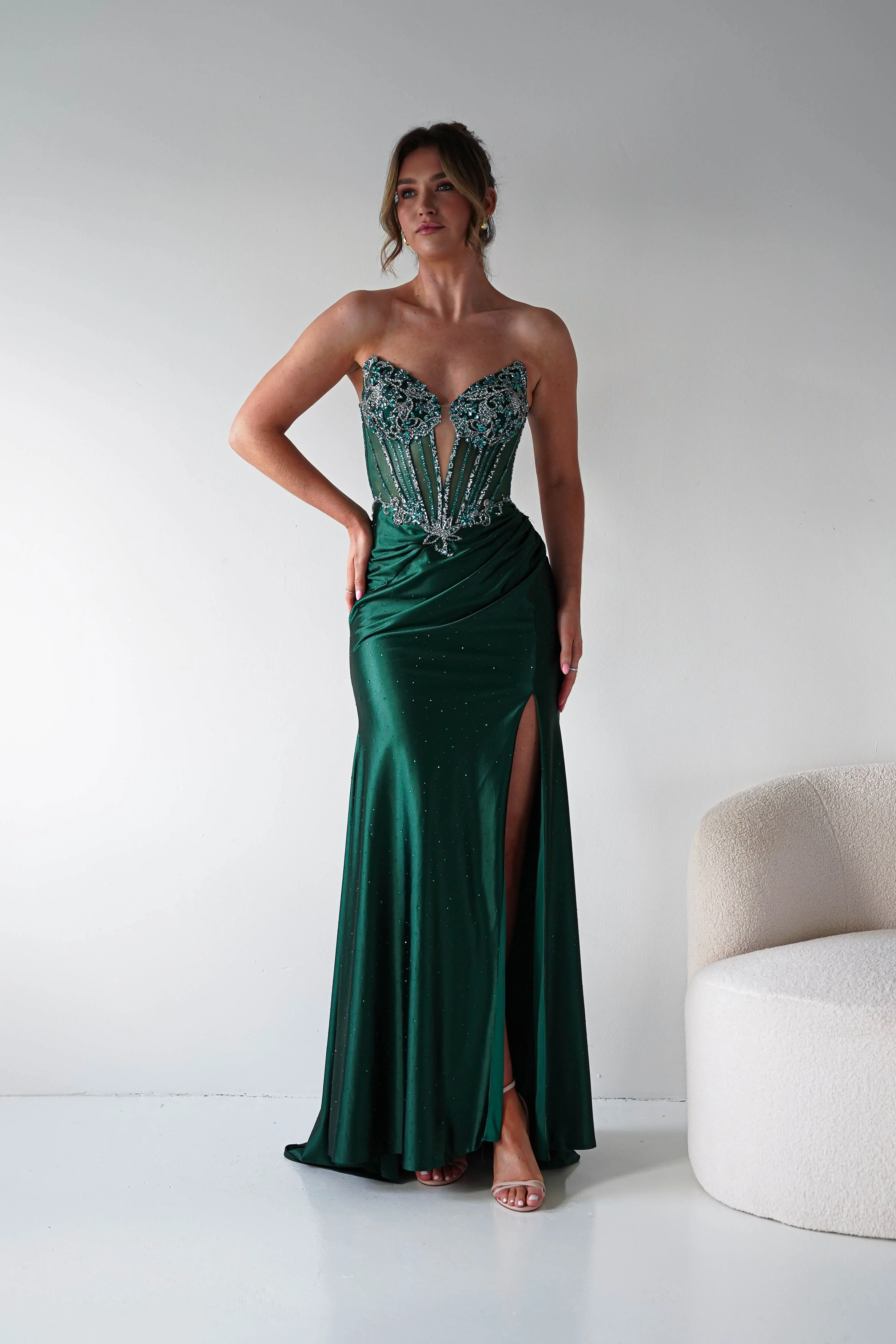 Monaco Rhinestone Strapless Gown | Emerald Green - Image 3
