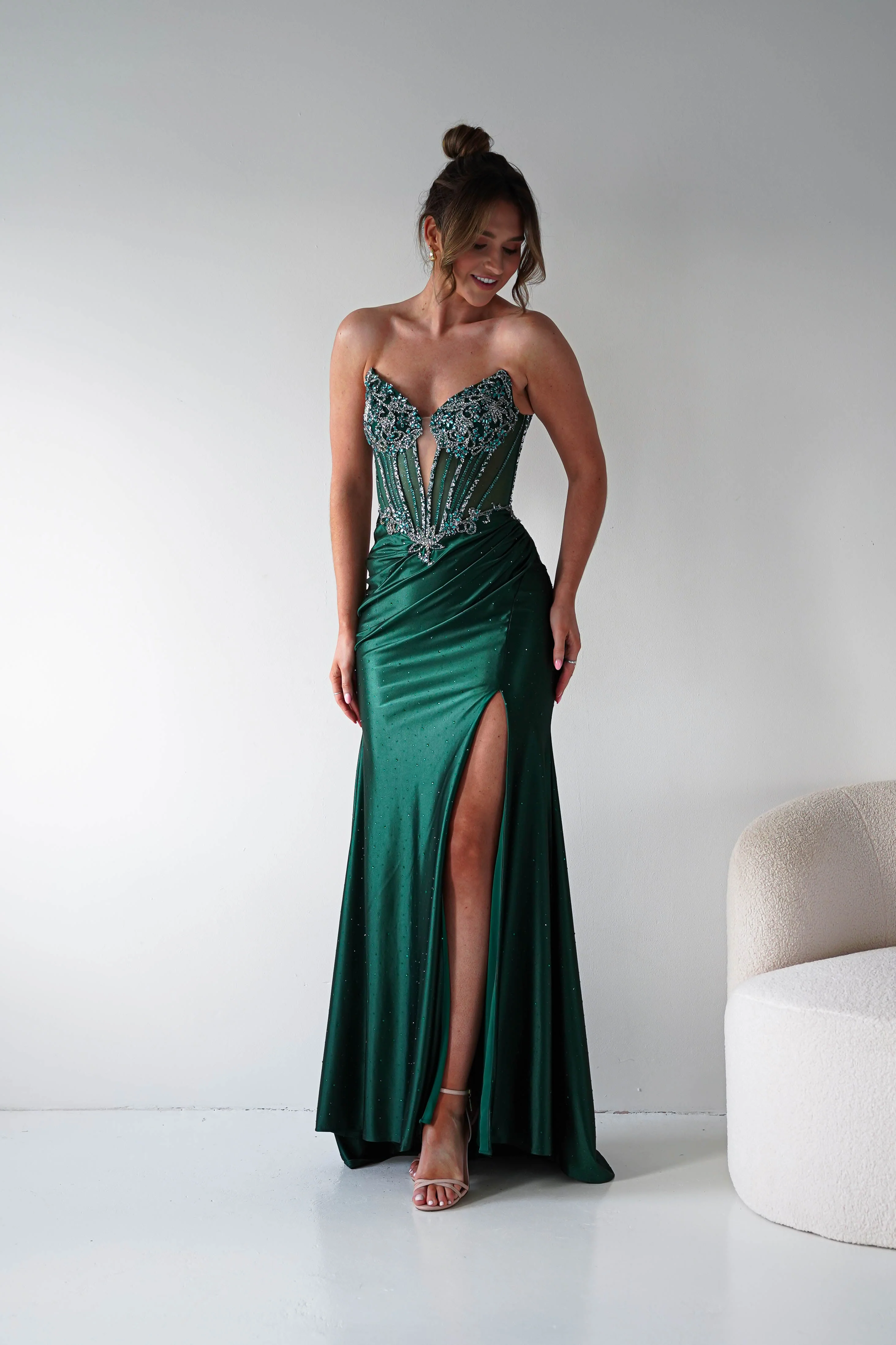 Monaco Rhinestone Strapless Gown | Emerald Green - Image 4
