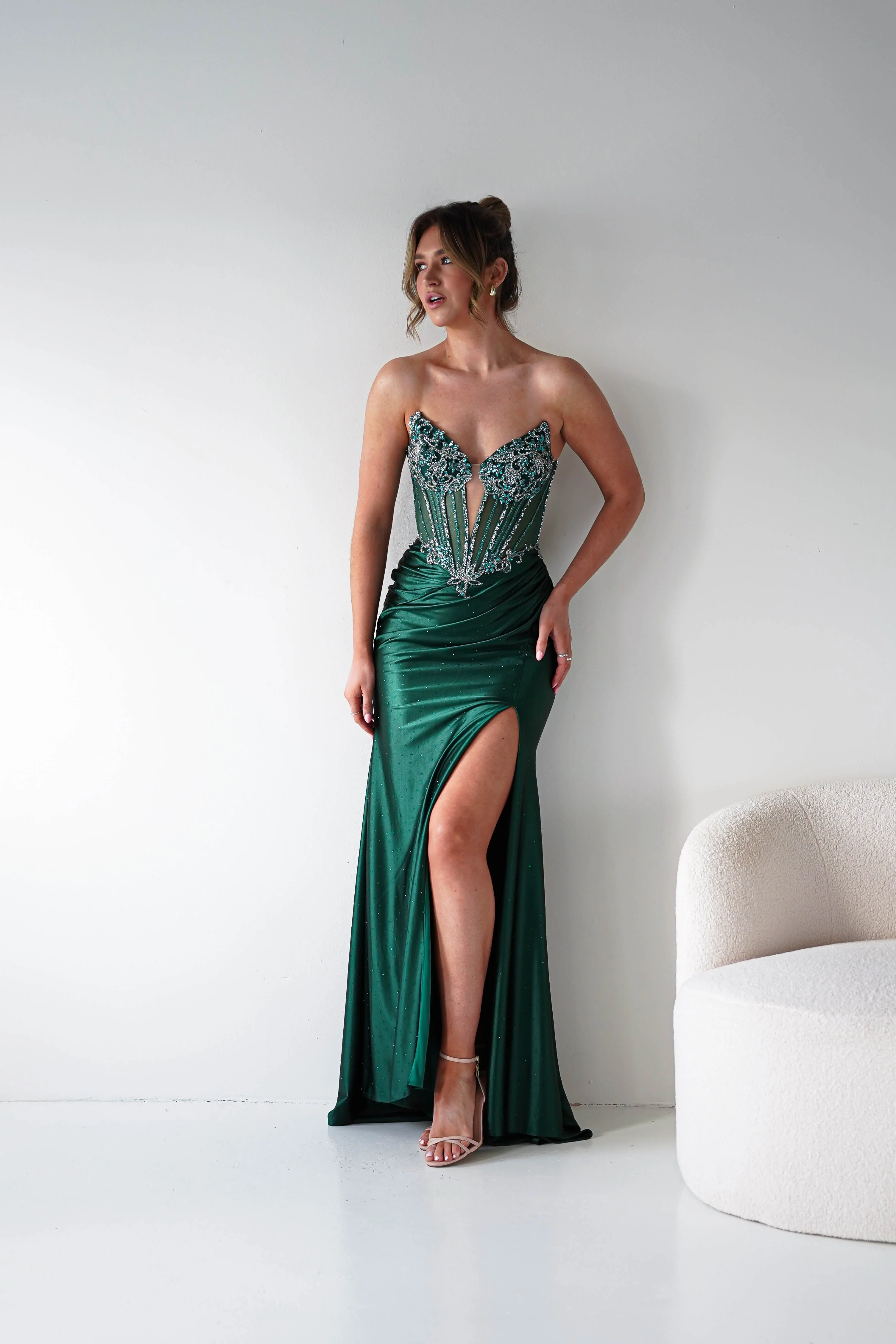 Monaco Rhinestone Strapless Gown | Emerald Green - Image 8