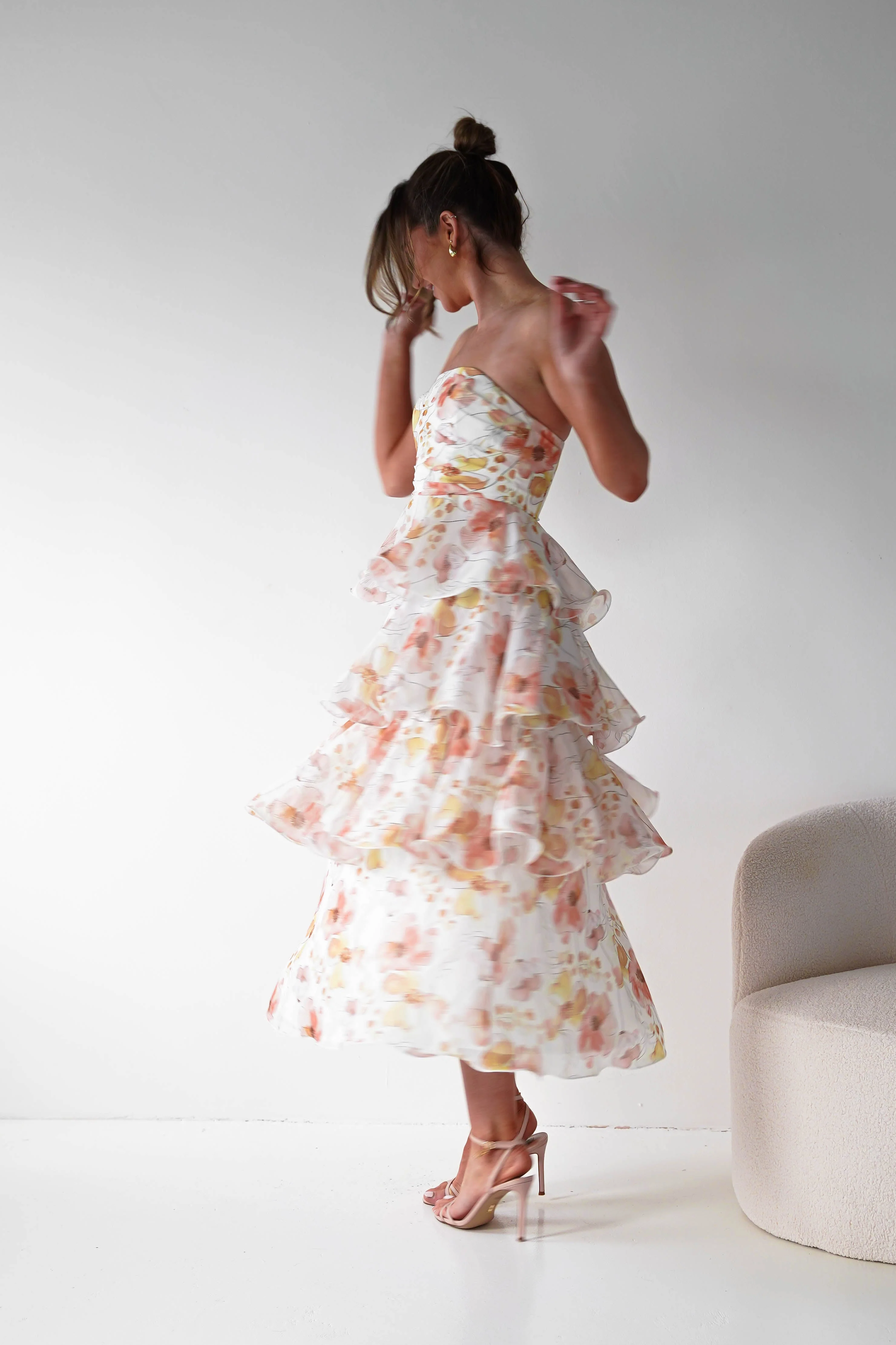 Nari Floral Tiered Strapless Maxi Dress | White Floral - Image 11