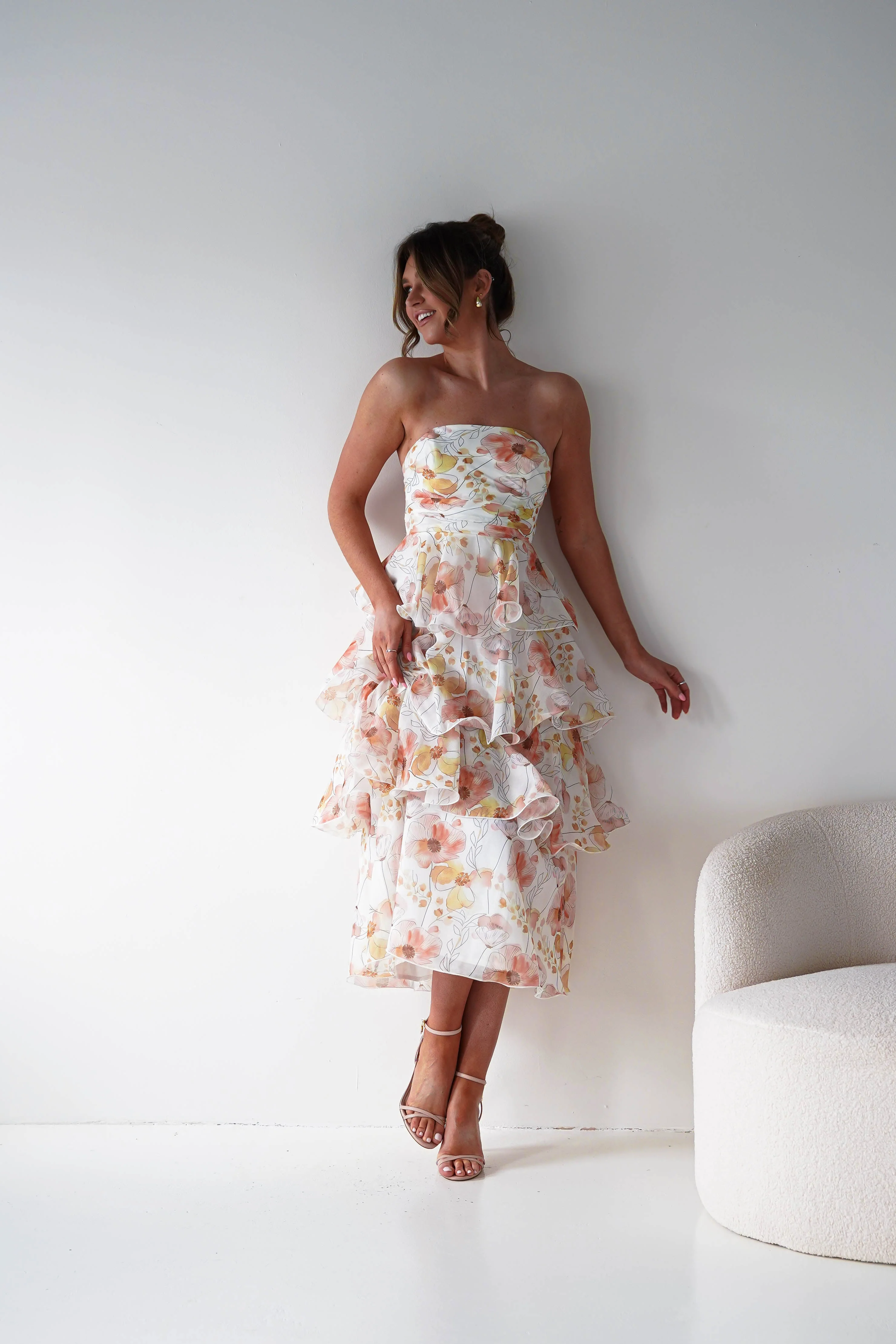 Nari Floral Tiered Strapless Maxi Dress | White Floral - Image 12