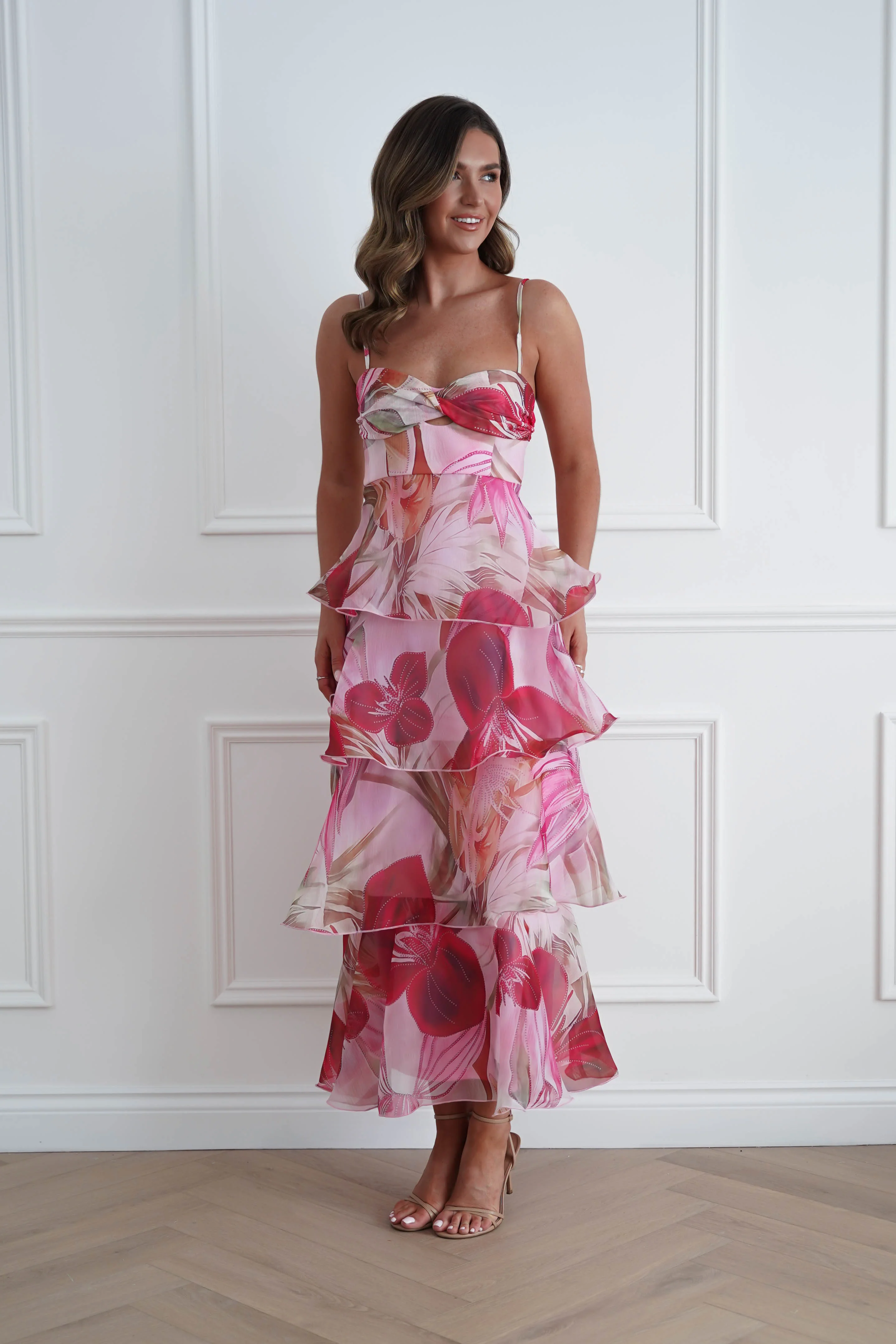 Nelly Floral Tiered Ruffle Maxi Dress | Pink Print - Image 9