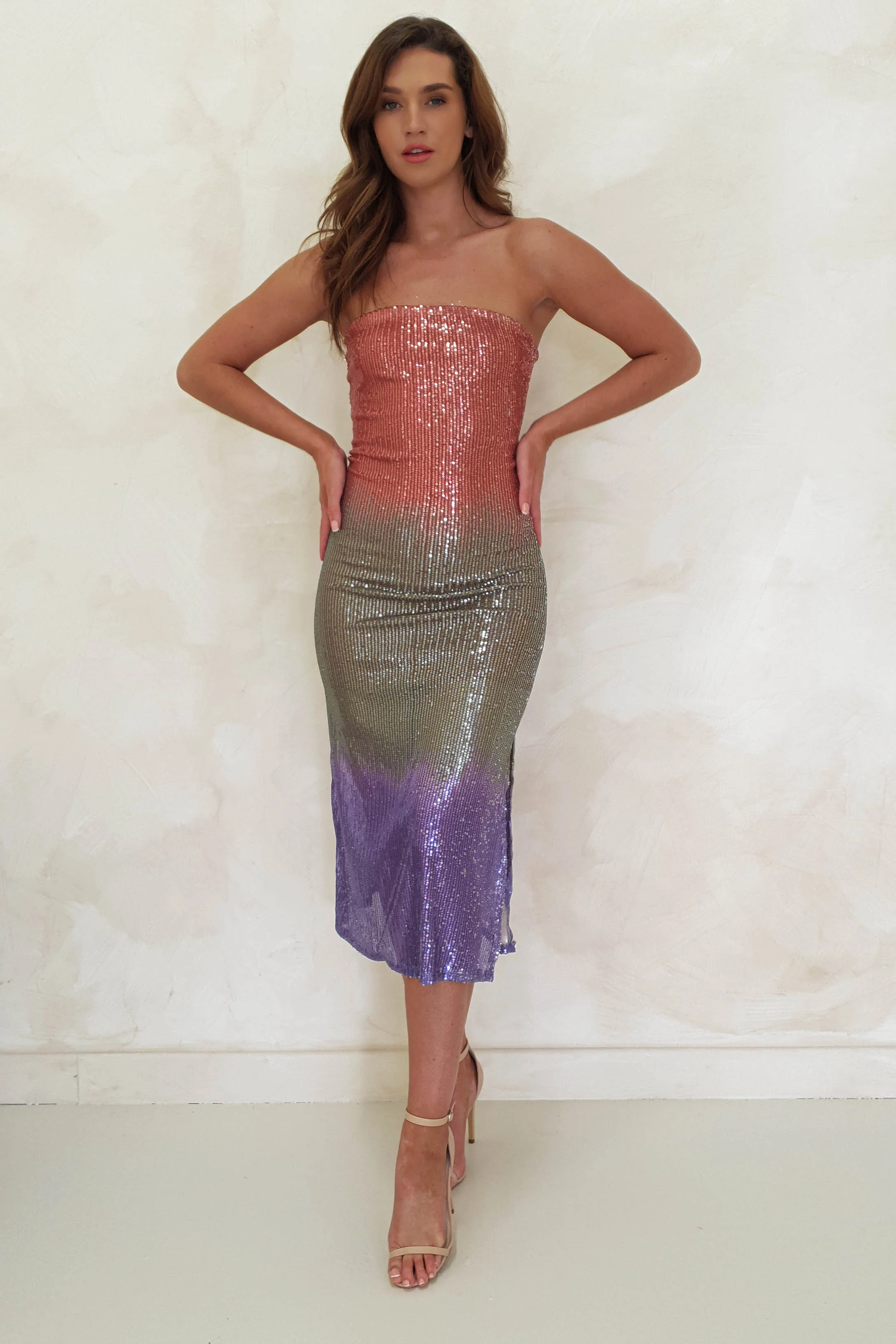 Neva Sequin Stapless Midi Dress | Rose Ombre - Image 3