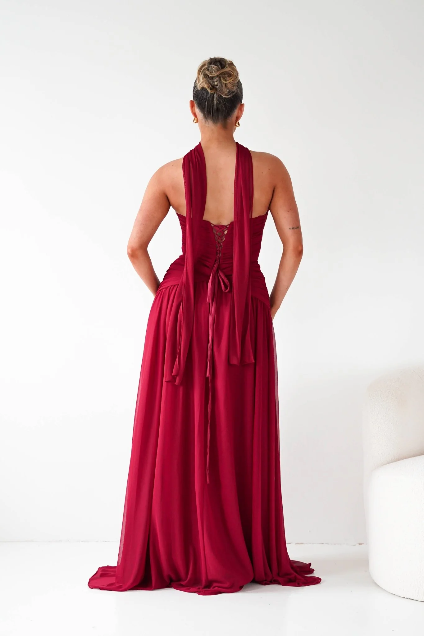 Nicolette Strapless Chiffon Maxi Gown | Dark Red - Image 2