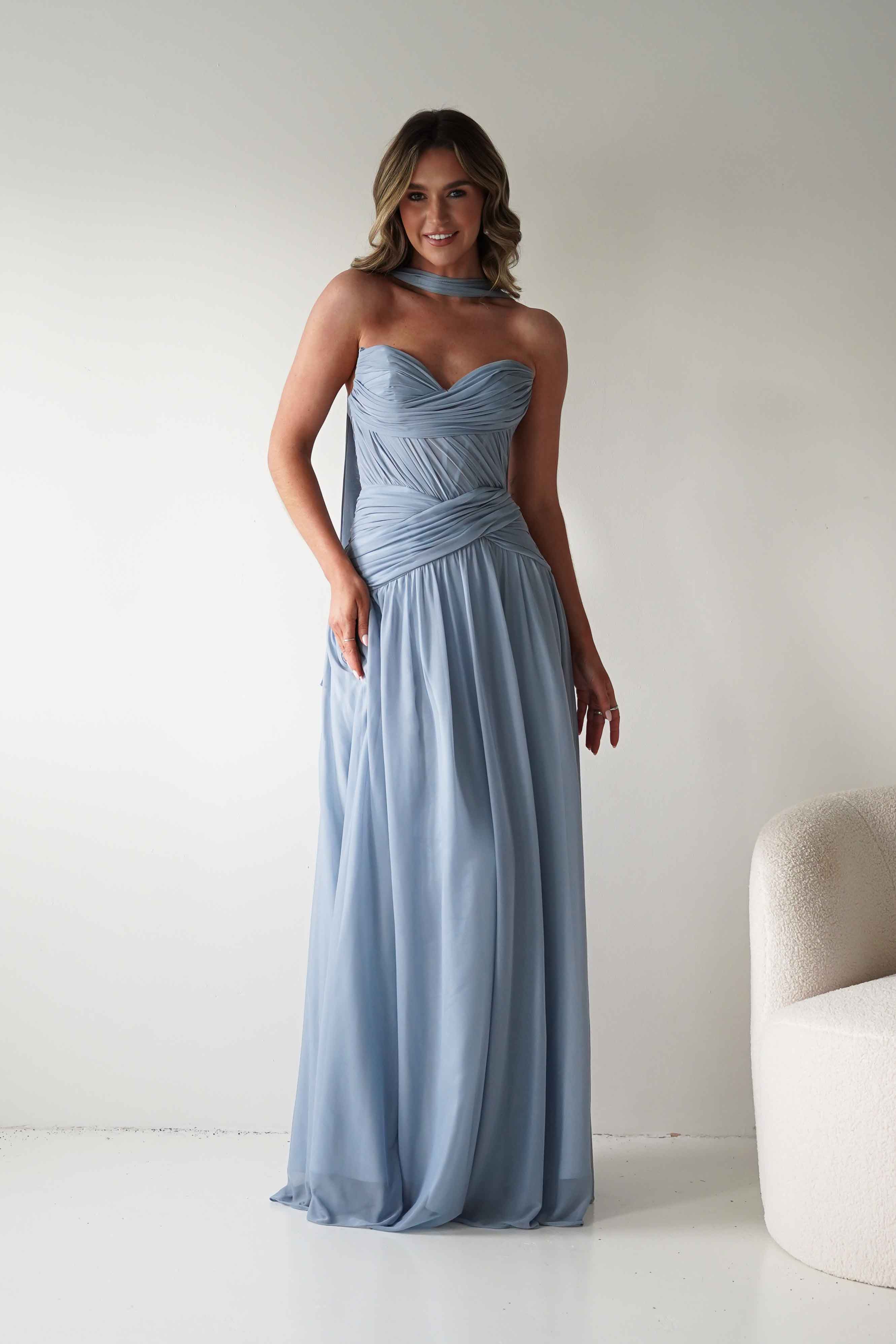 Nicolette Strapless Chiffon Maxi Gown | Dusty Blue - Image 4