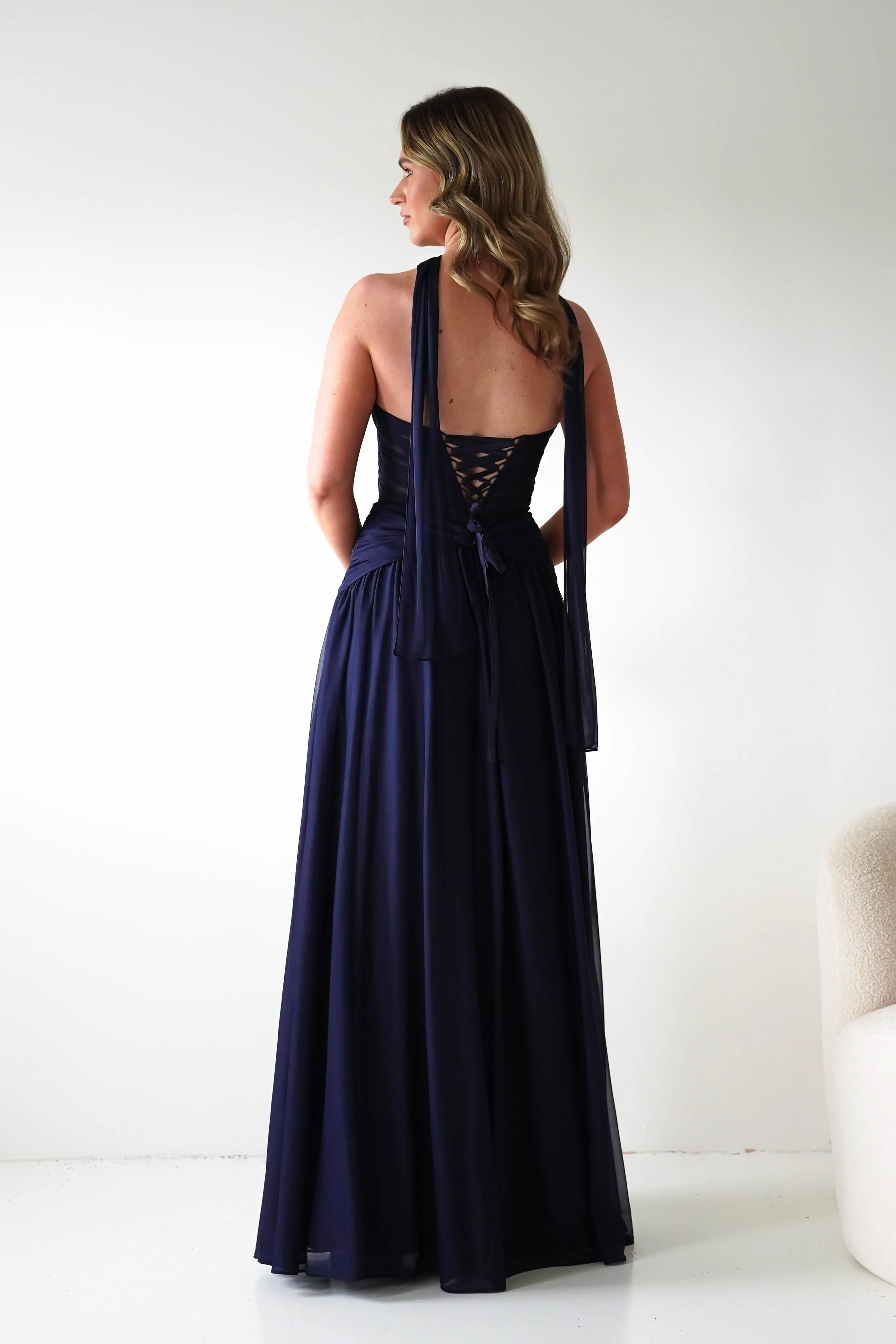 Nicolette Strapless Chiffon Maxi Gown | Navy - Image 9