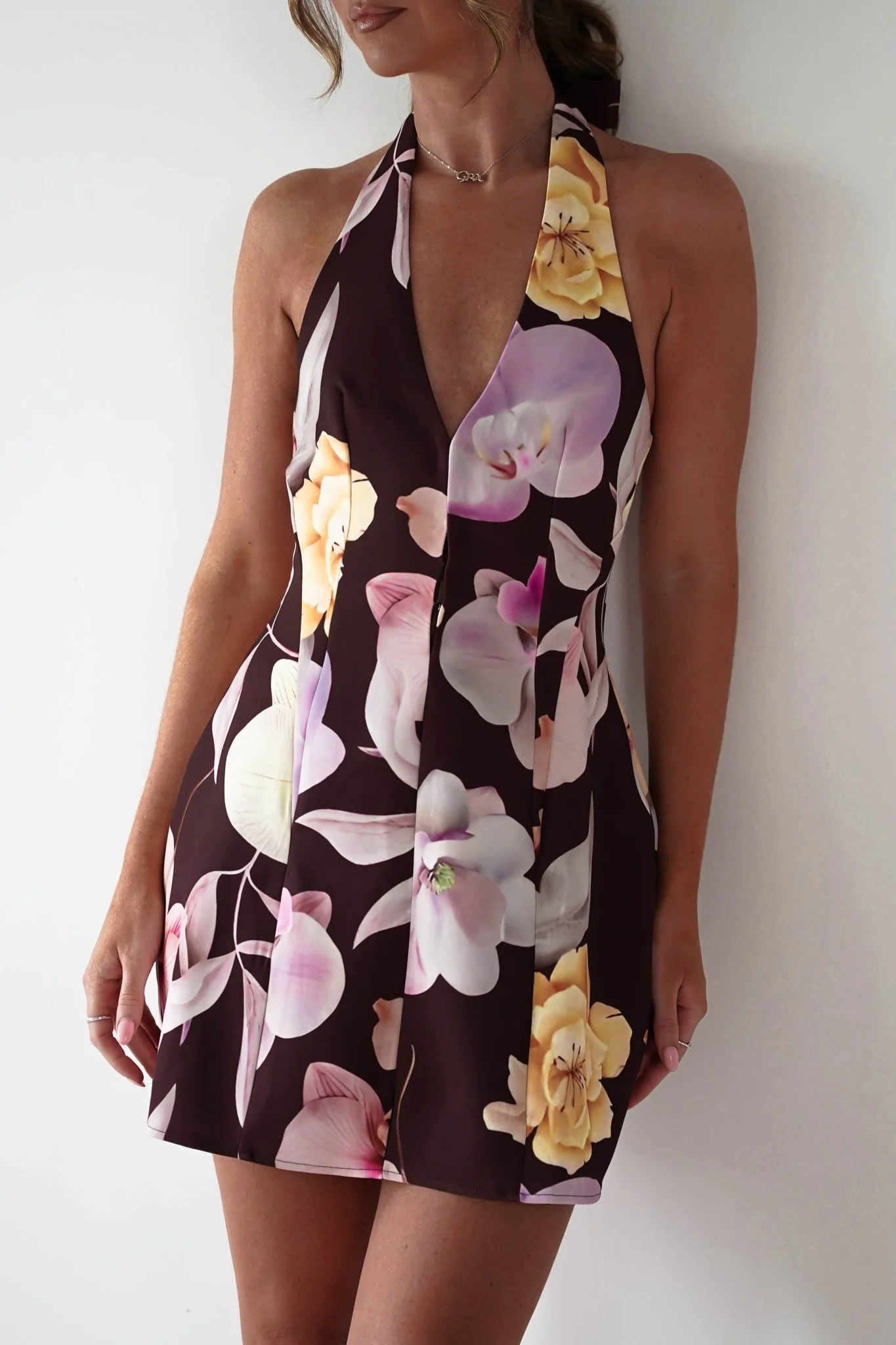 Peony Structured Halter Neck Mini Dress | Brown