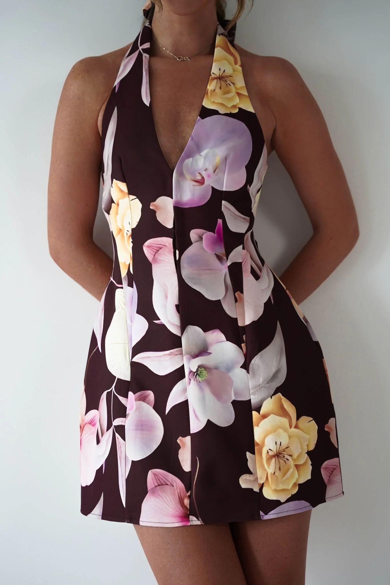 Peony Structured Halter Neck Mini Dress | Brown - Image 2
