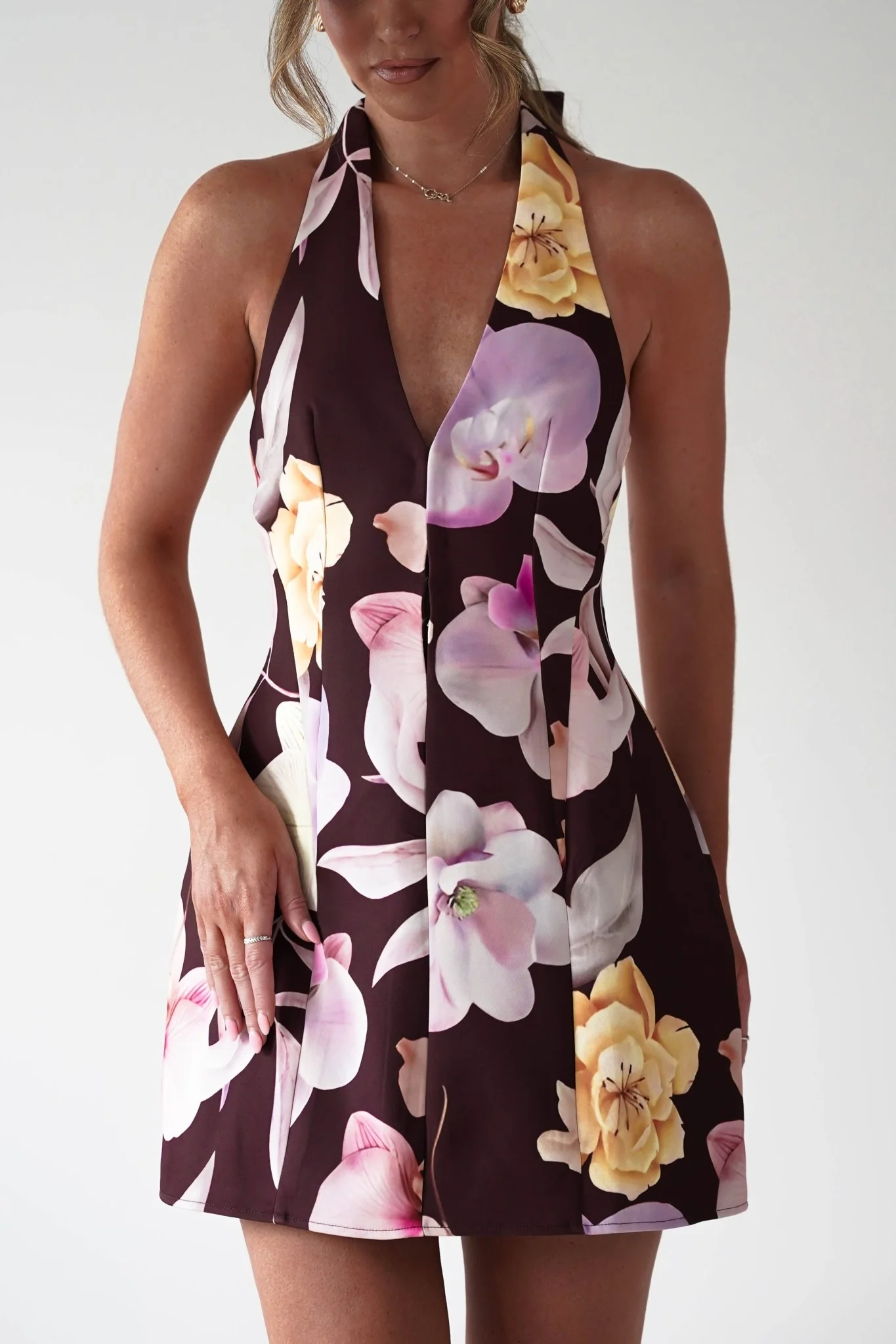 Peony Structured Halter Neck Mini Dress | Brown - Image 7