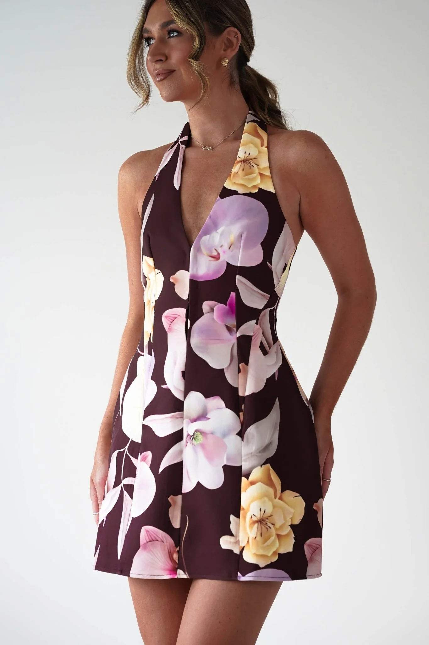 Peony Structured Halter Neck Mini Dress | Brown - Image 8