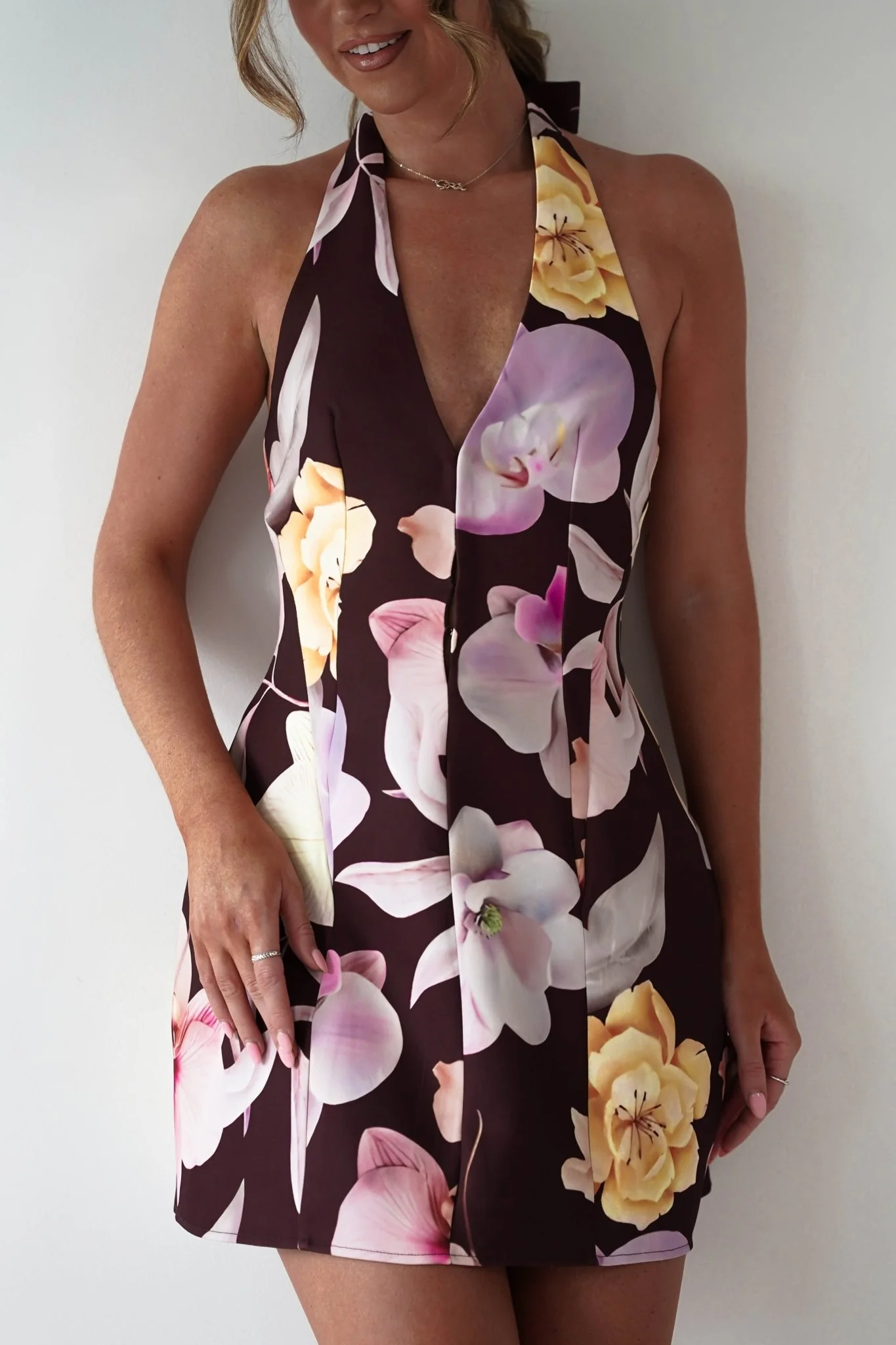 Peony Structured Halter Neck Mini Dress | Brown - Image 9
