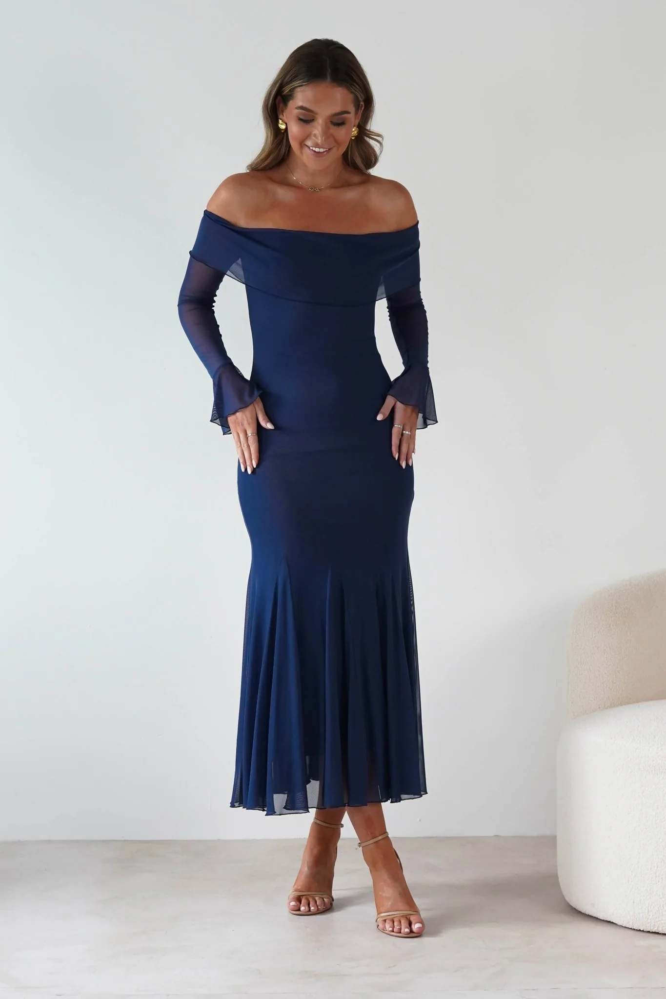 Presley Mesh Long Sleeve Midaxi Dress | Blue - Image 5