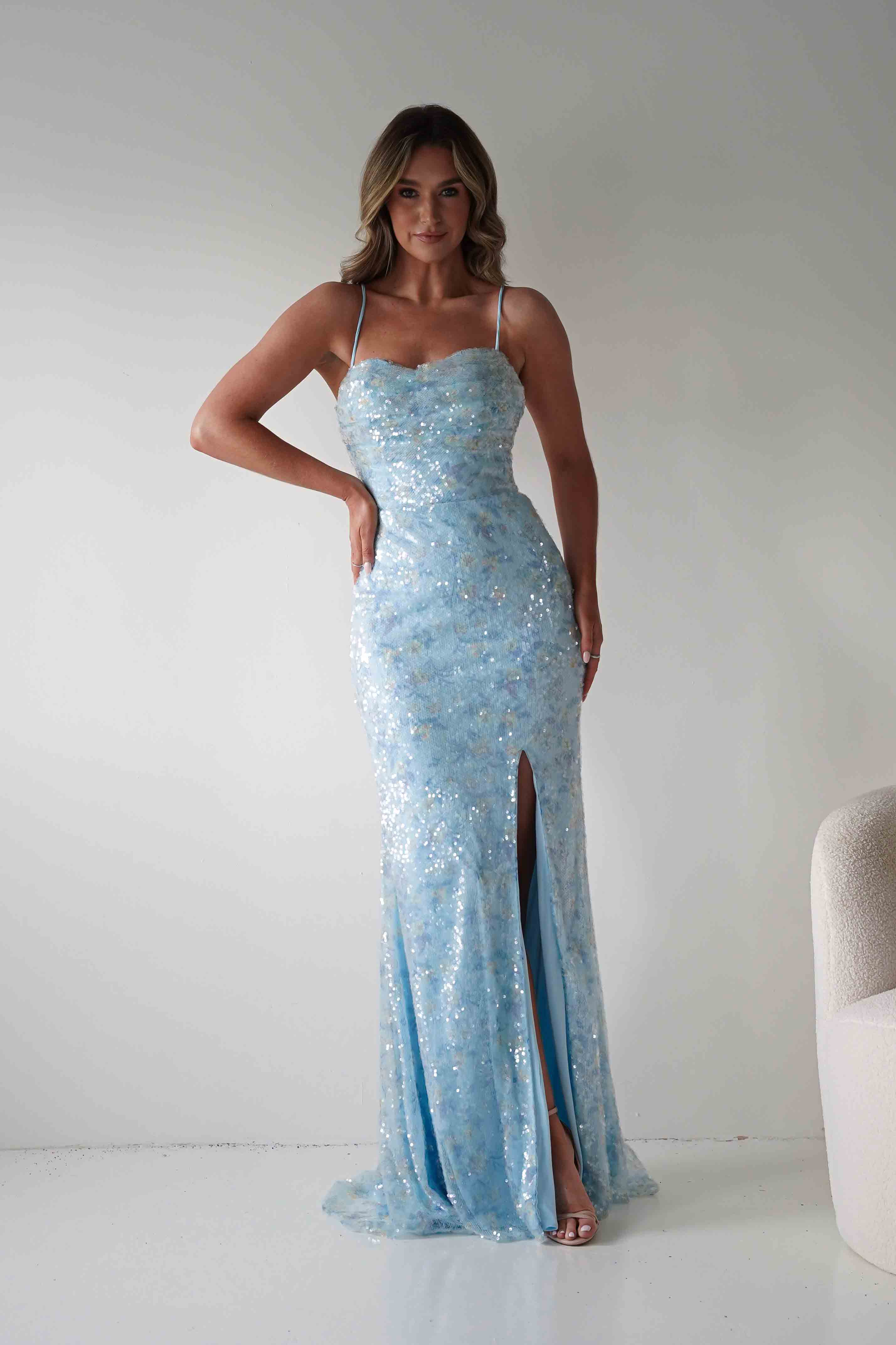 Rae Bodycon Floral Sequin Maxi Gown | Blue