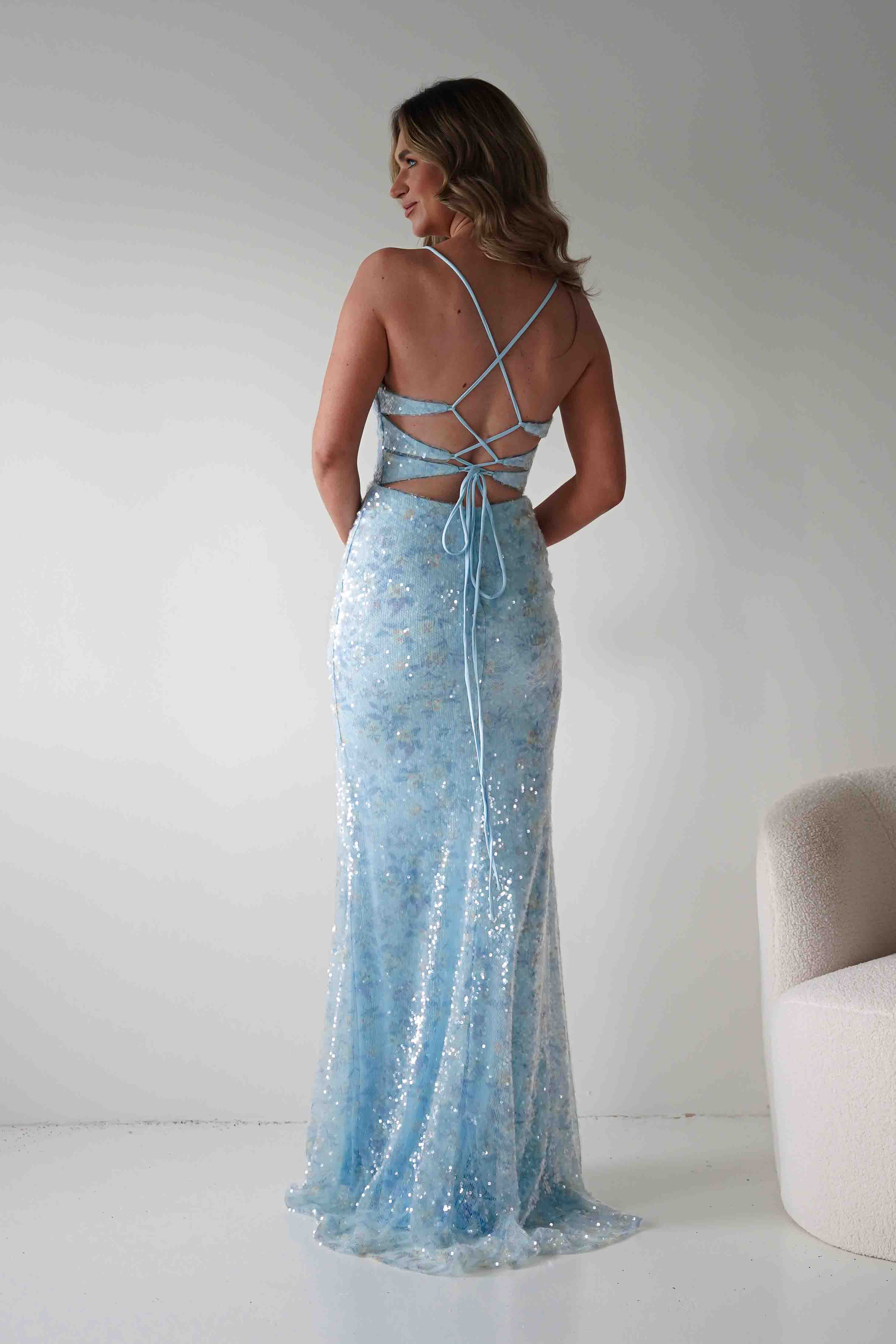 Rae Bodycon Floral Sequin Maxi Gown | Blue - Image 5