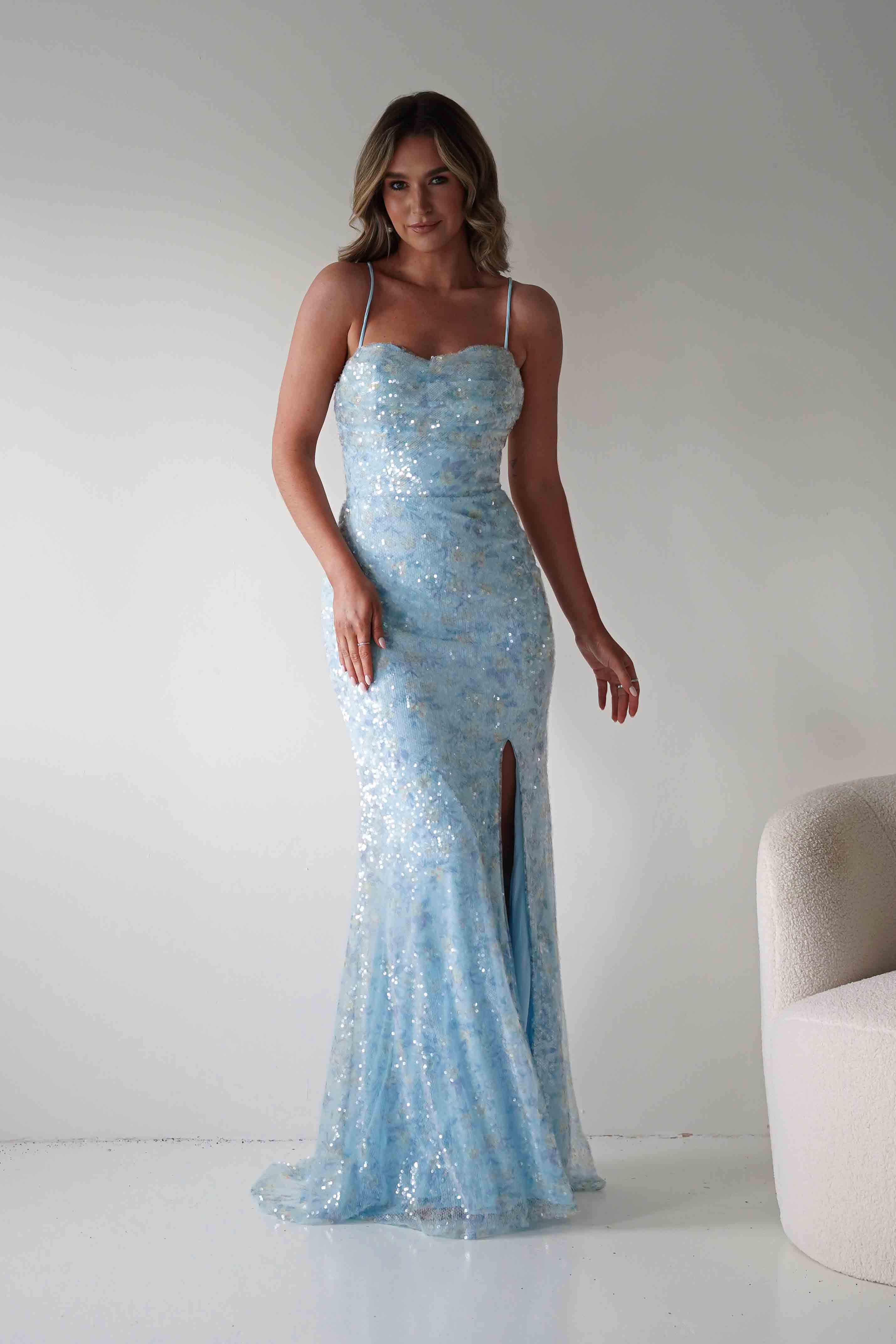Rae Bodycon Floral Sequin Maxi Gown | Blue - Image 9