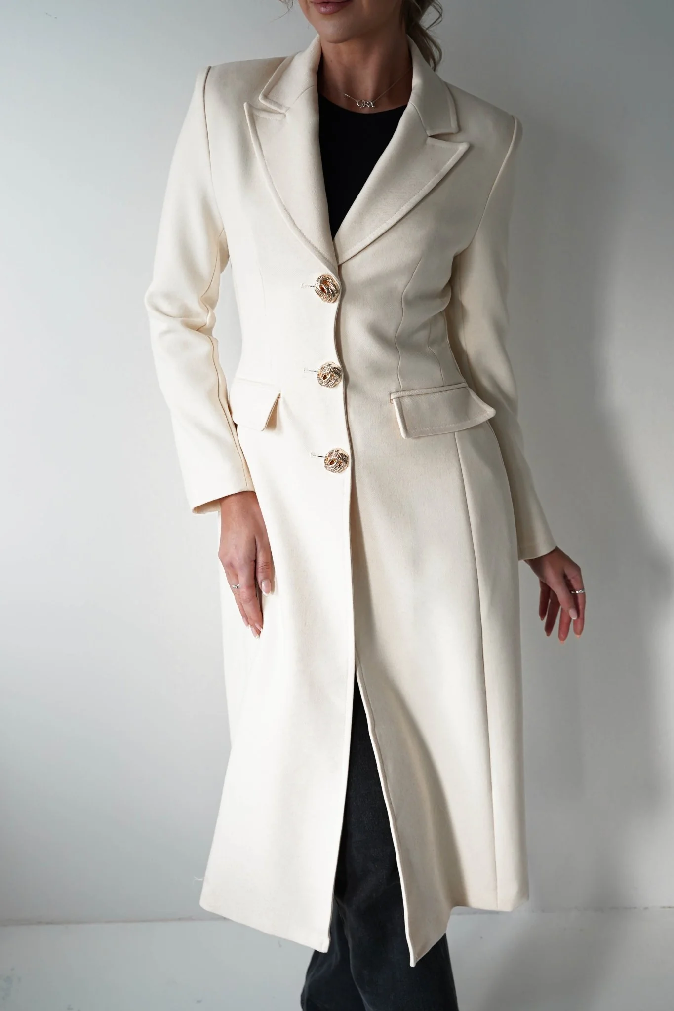 Ravielle Gold Button Double-Breasted Coat | Cream - Image 5