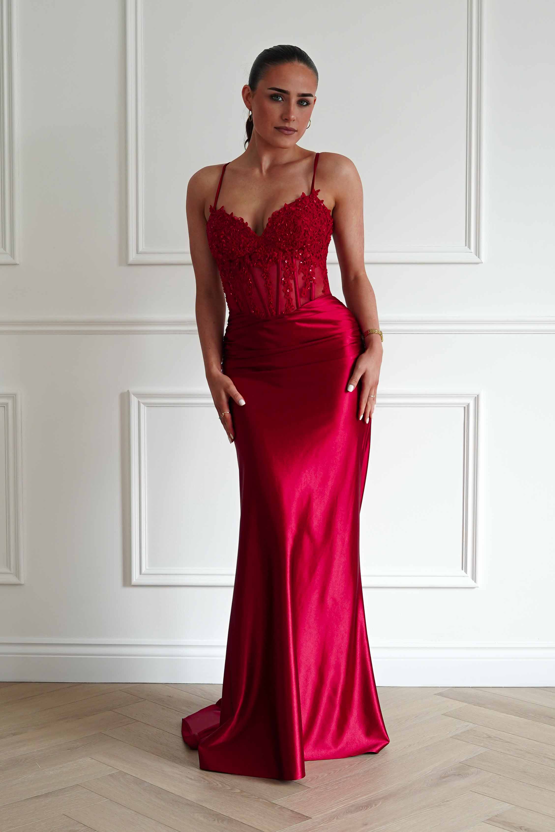 Raya Embellished Corset Gown | Red - Image 3