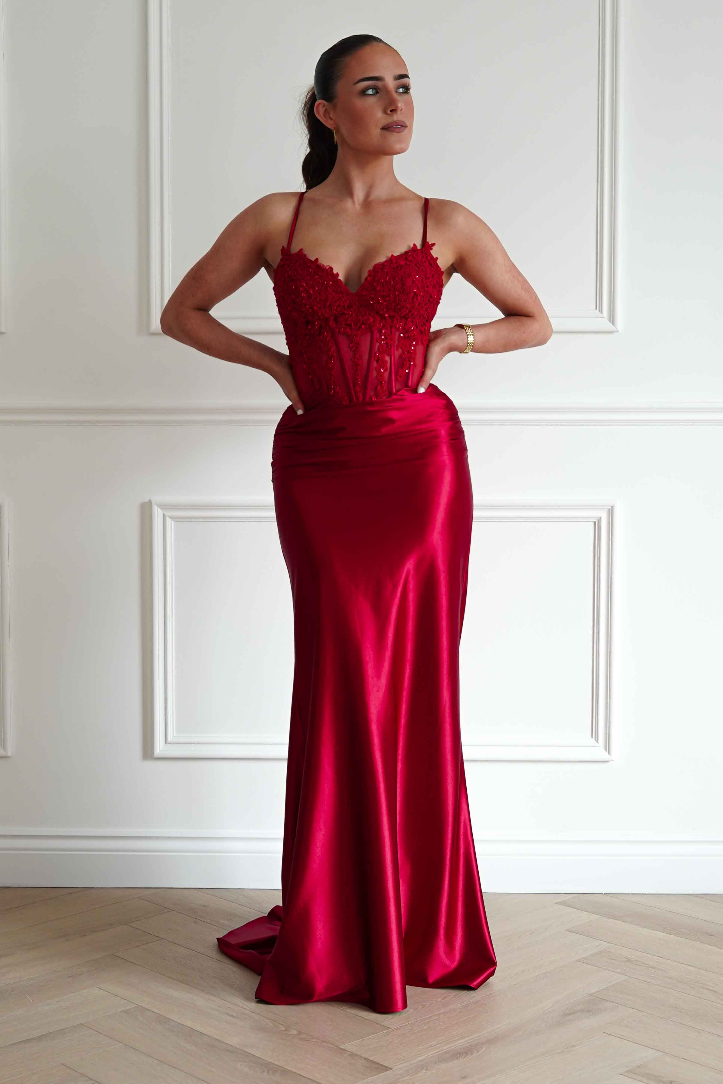 Raya Embellished Corset Gown | Red - Image 5
