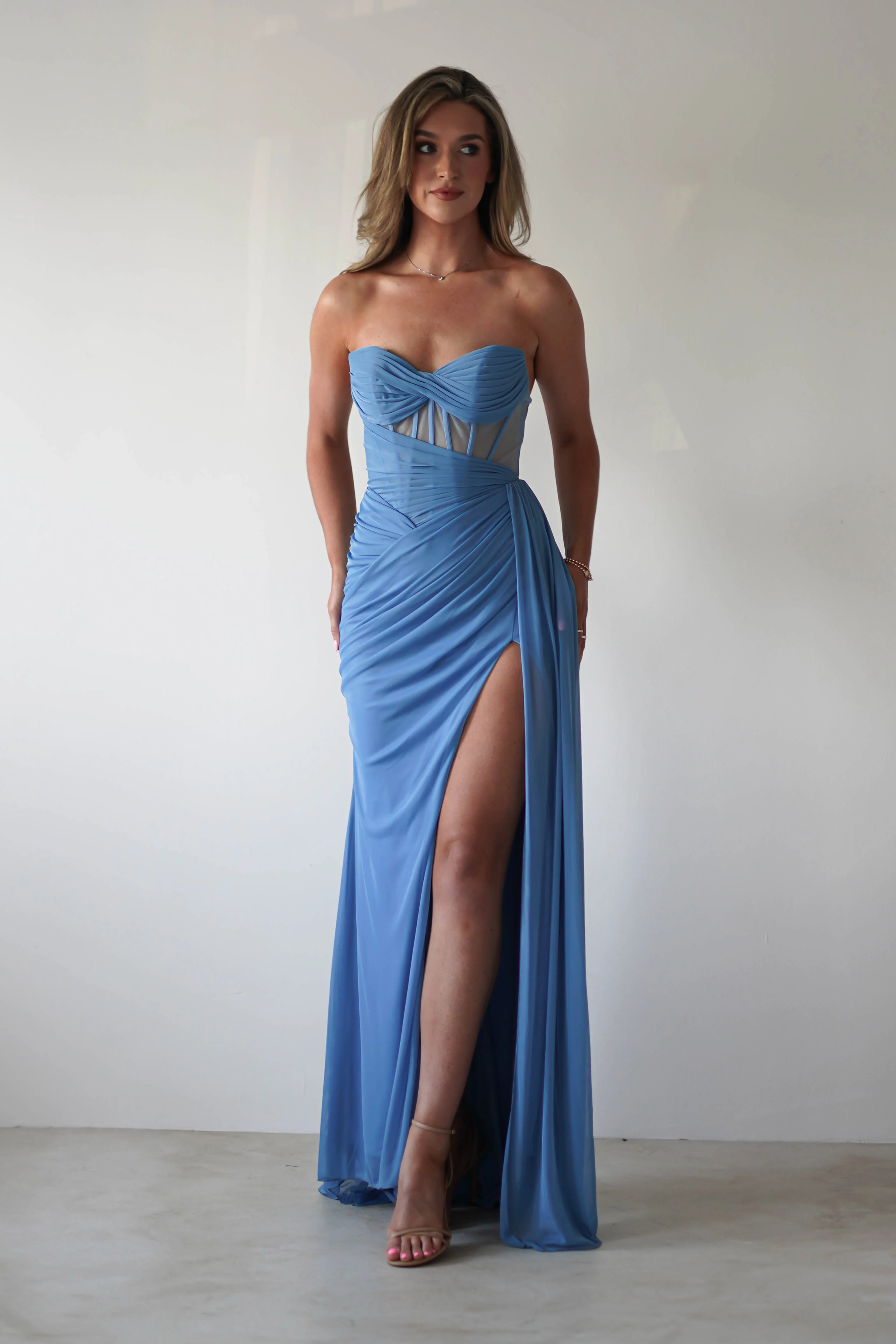 Robyn Draped Fitted Stapless Gown | Blue - Image 10