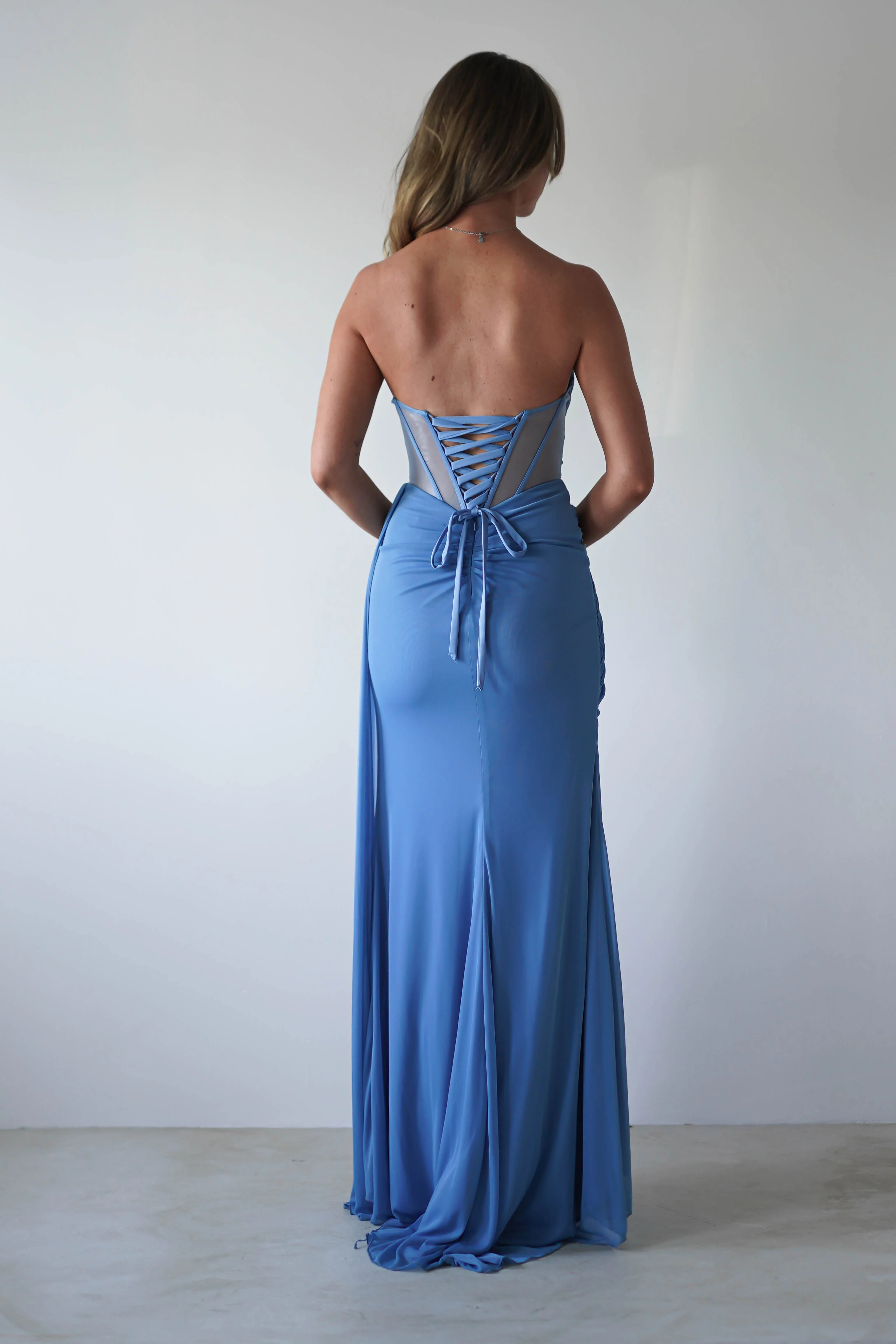 Robyn Draped Fitted Stapless Gown | Blue - Image 8