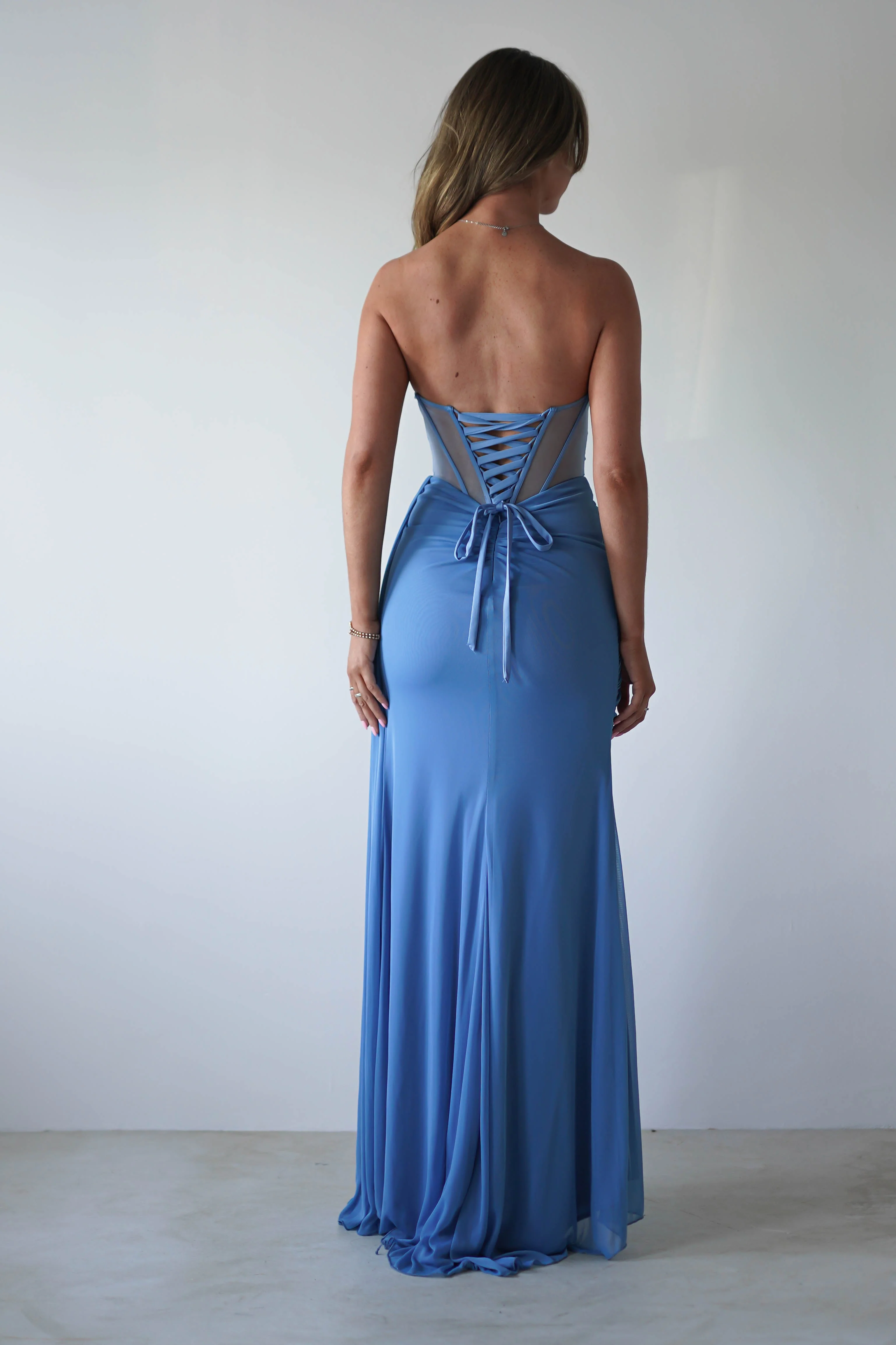 Robyn Draped Fitted Stapless Gown | Blue - Image 9