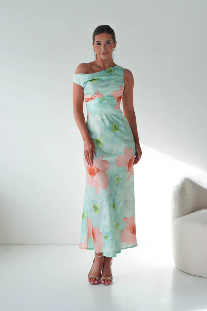 Rumi Floral Print Off The Shoulder Maxi | Green - Image 8