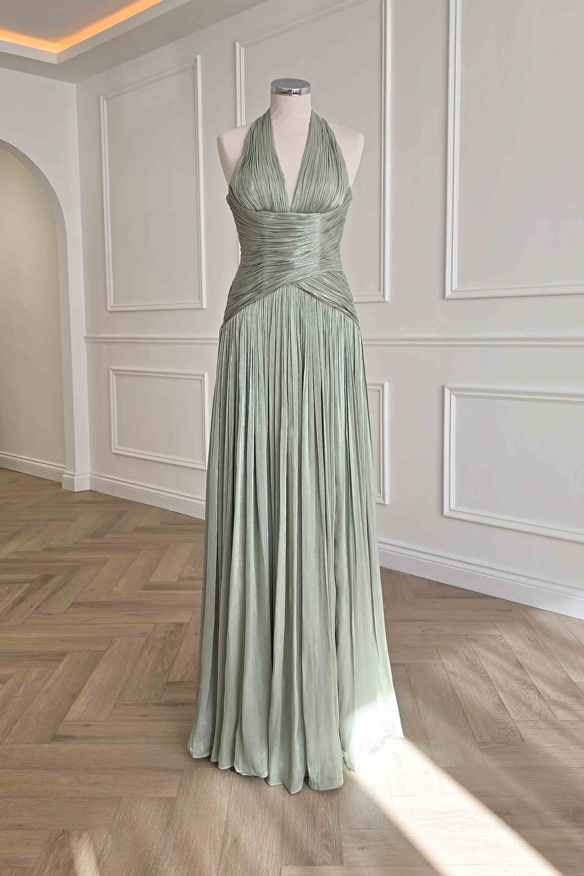 Sharelle Pleated Luminescent Maxi Gown | Sage - Image 15