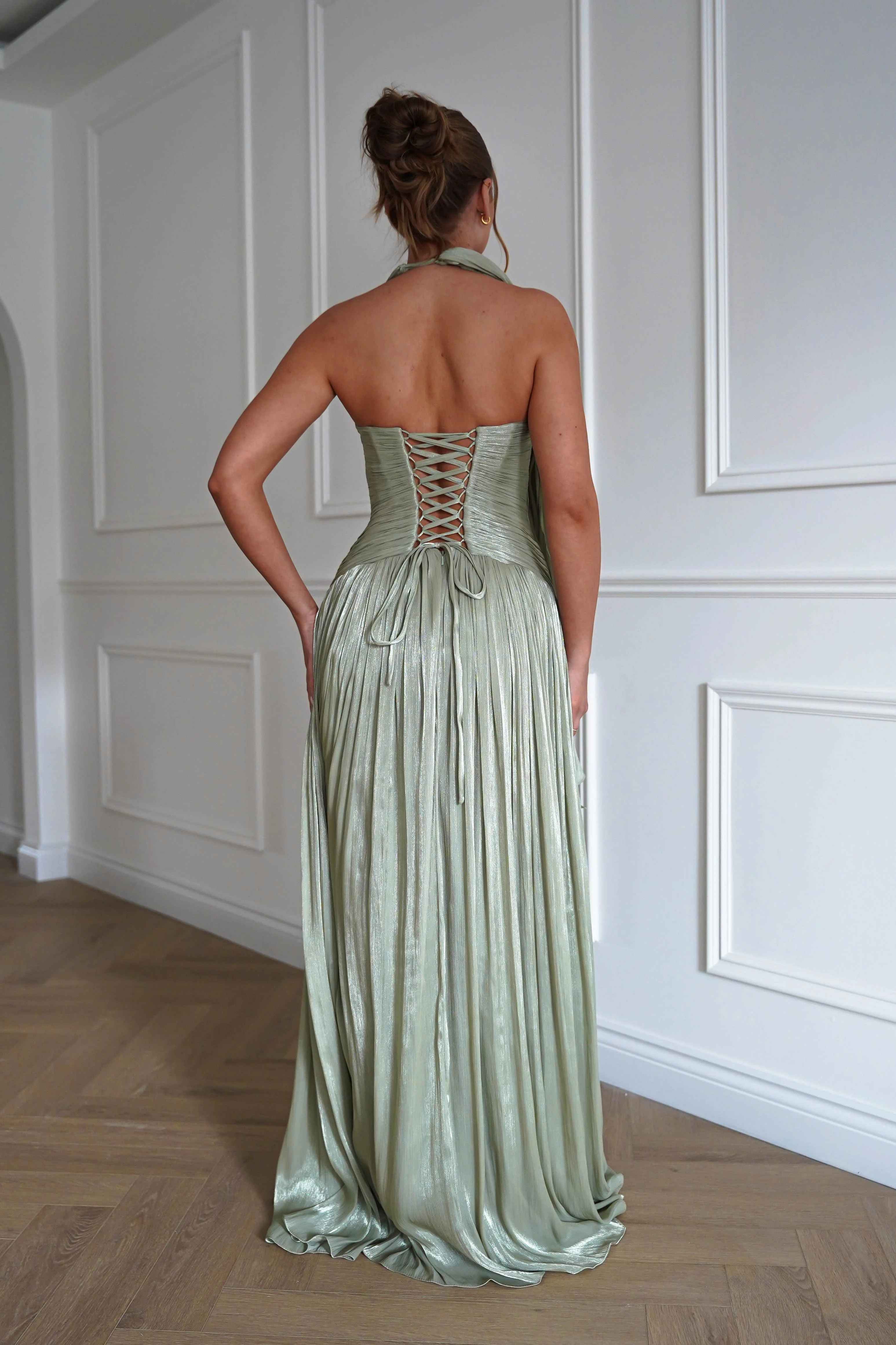 Sharelle Pleated Luminescent Maxi Gown | Sage - Image 3