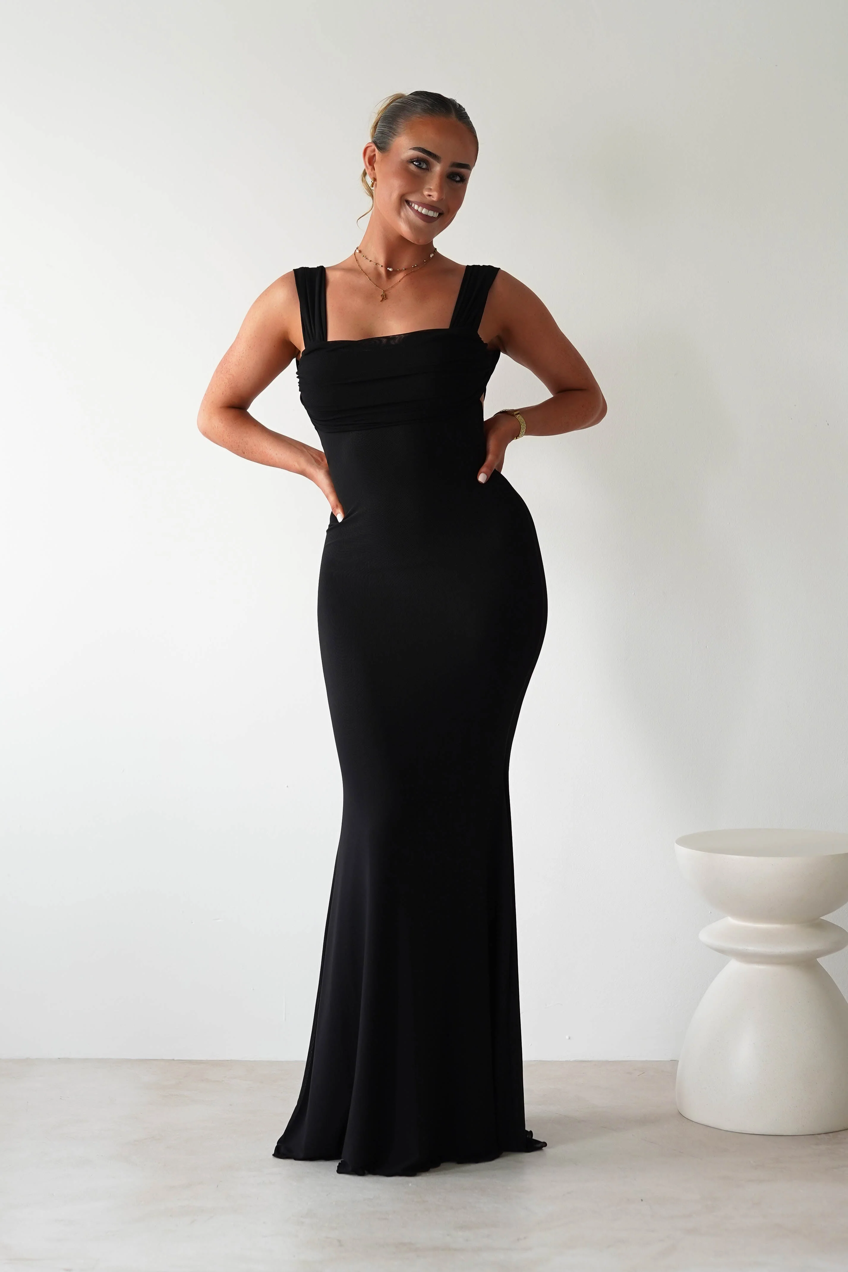 Sky Stretchy Mesh Backless Maxi Dress | Black - Image 3