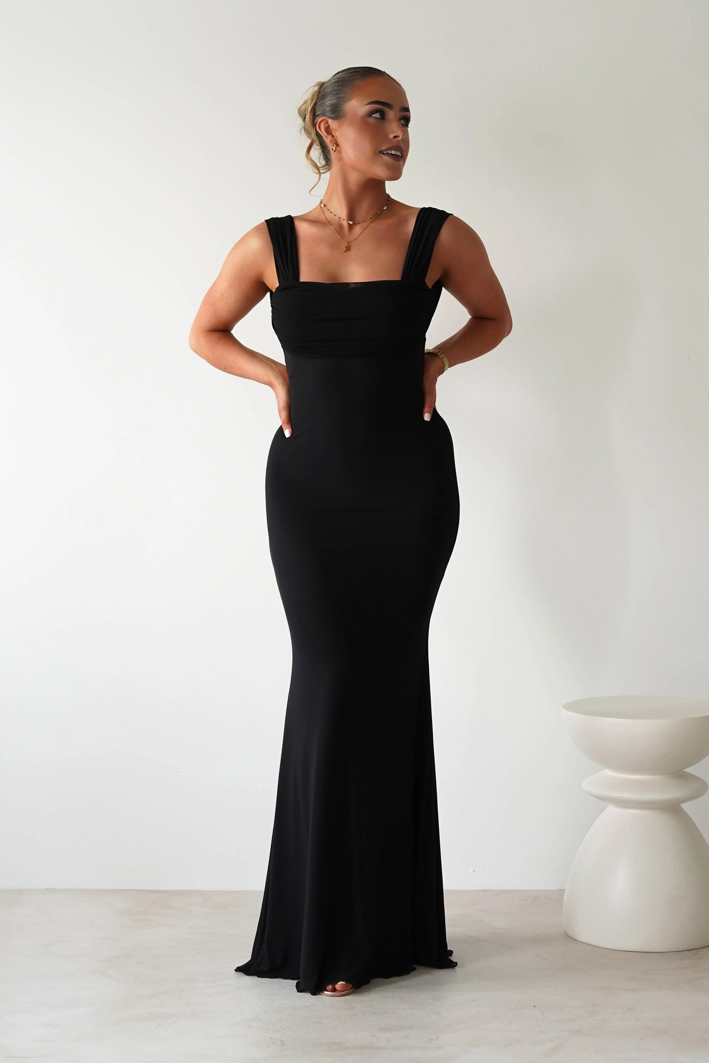 Sky Stretchy Mesh Backless Maxi Dress | Black - Image 4