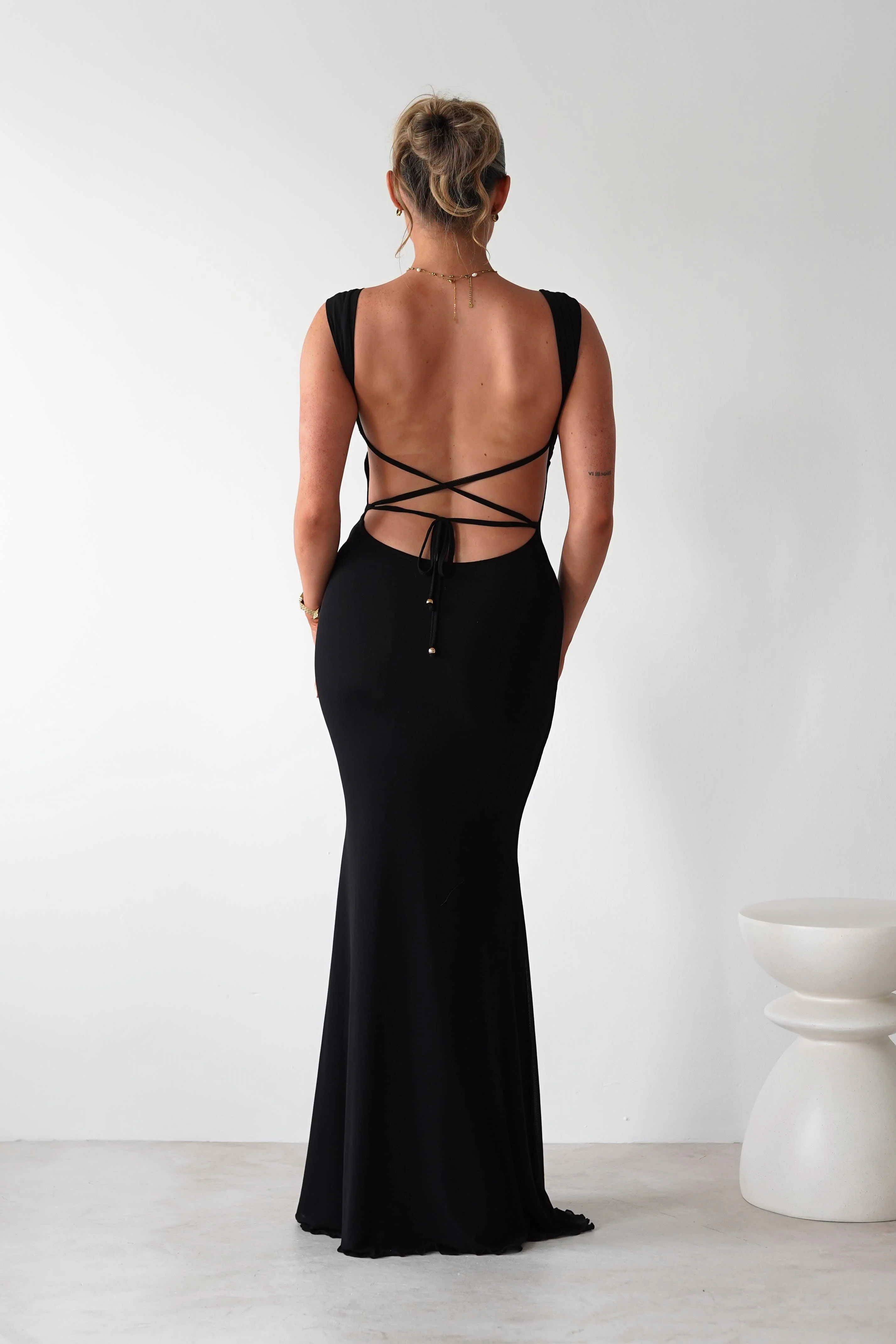 Sky Stretchy Mesh Backless Maxi Dress | Black - Image 5