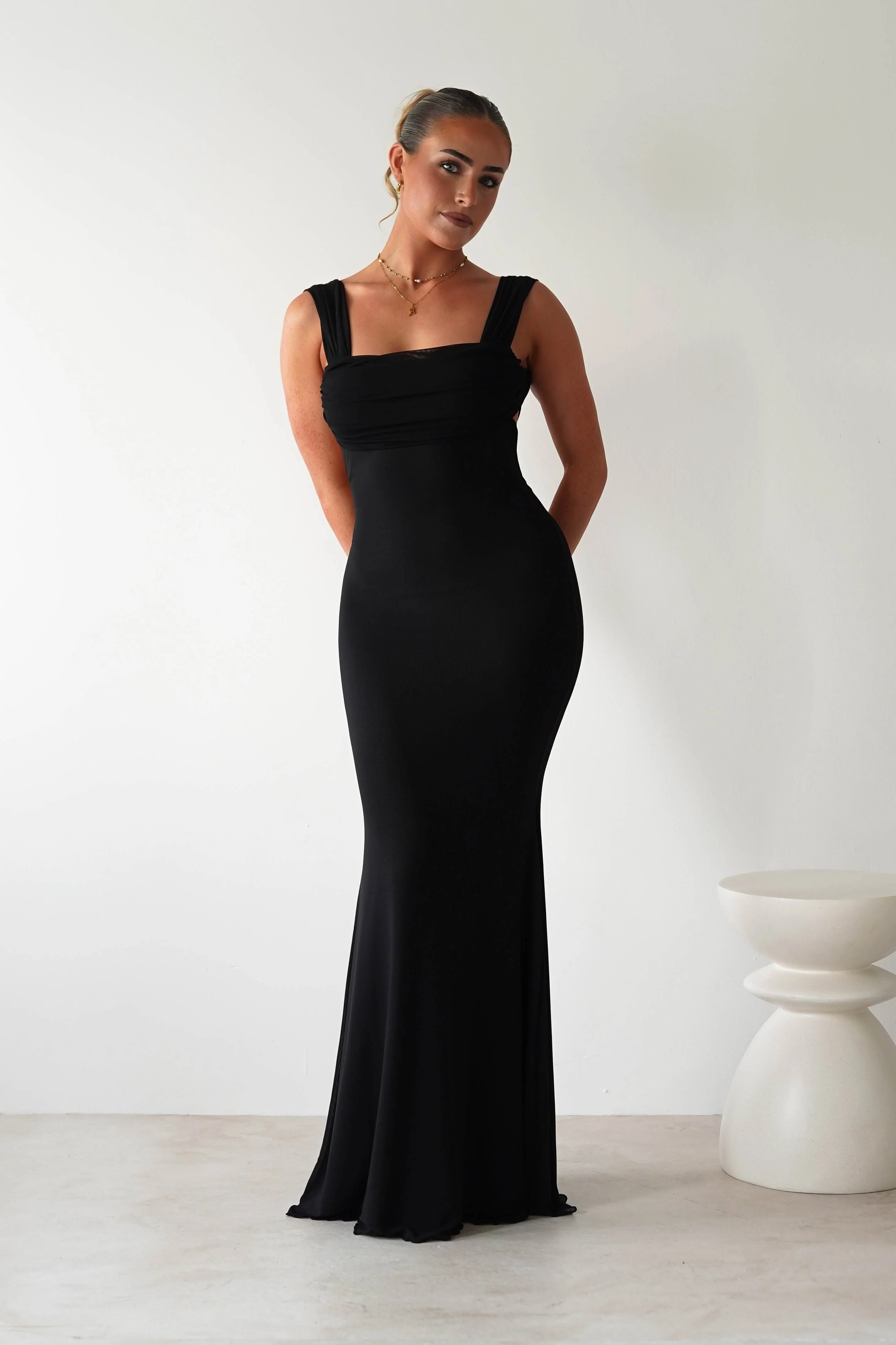 Sky Stretchy Mesh Backless Maxi Dress | Black - Image 6