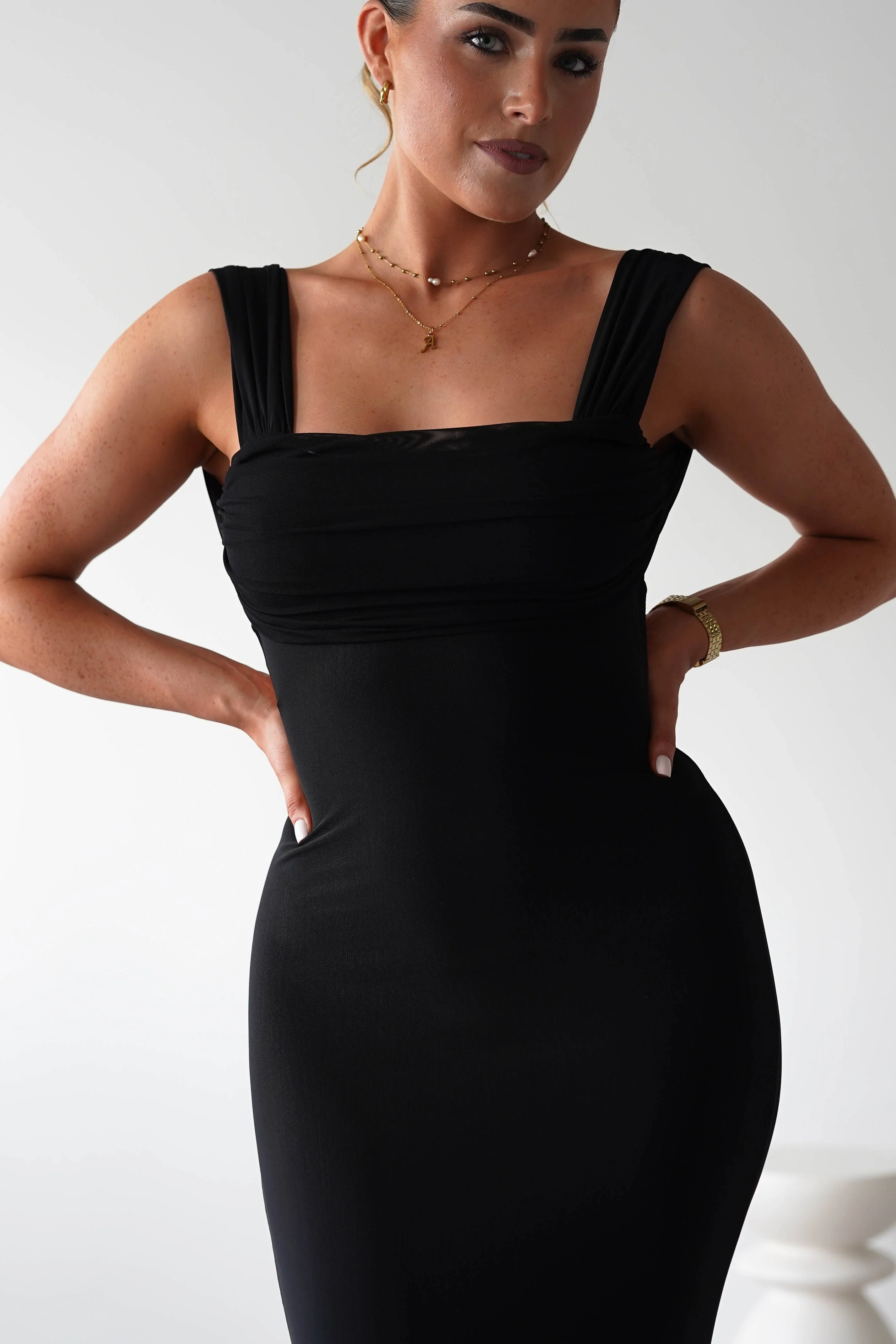Sky Stretchy Mesh Backless Maxi Dress | Black - Image 8