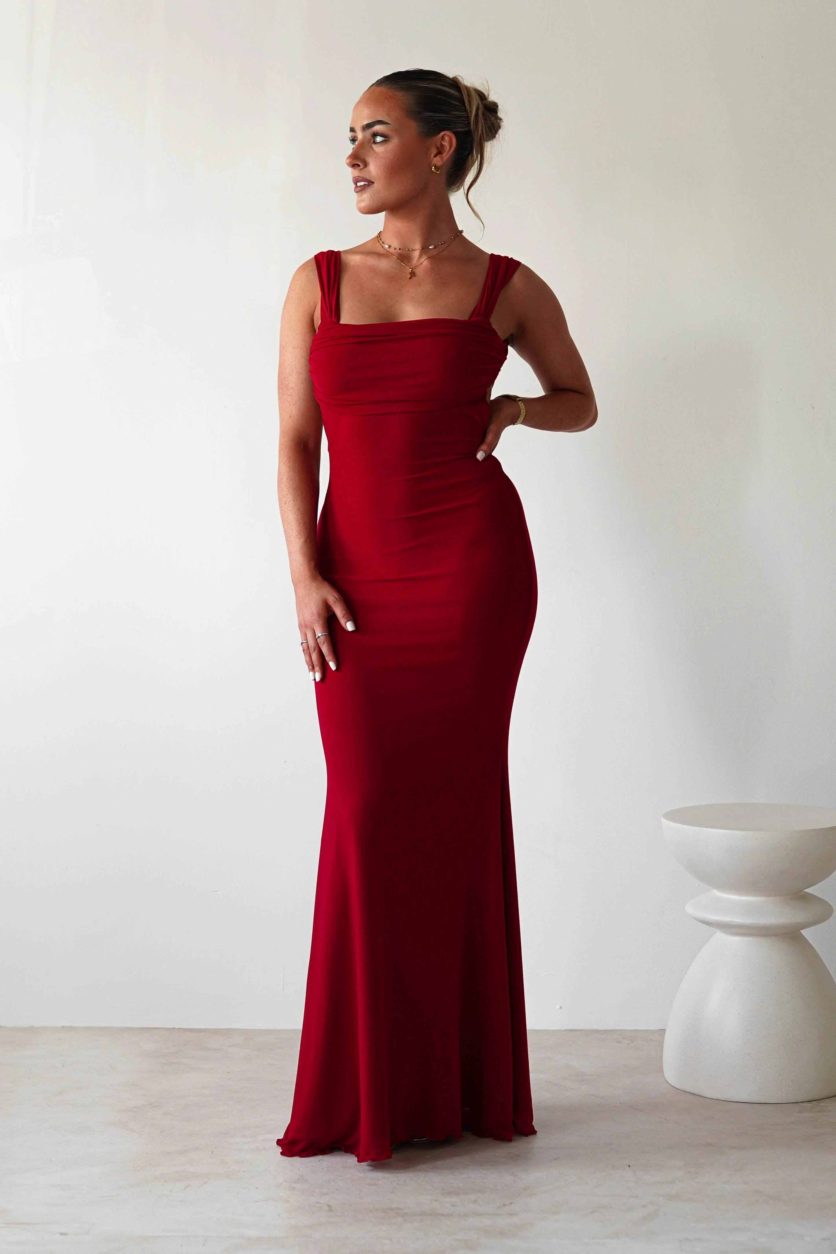 Sky Stretchy Mesh Backless Maxi Dress | Dark Red - Image 3