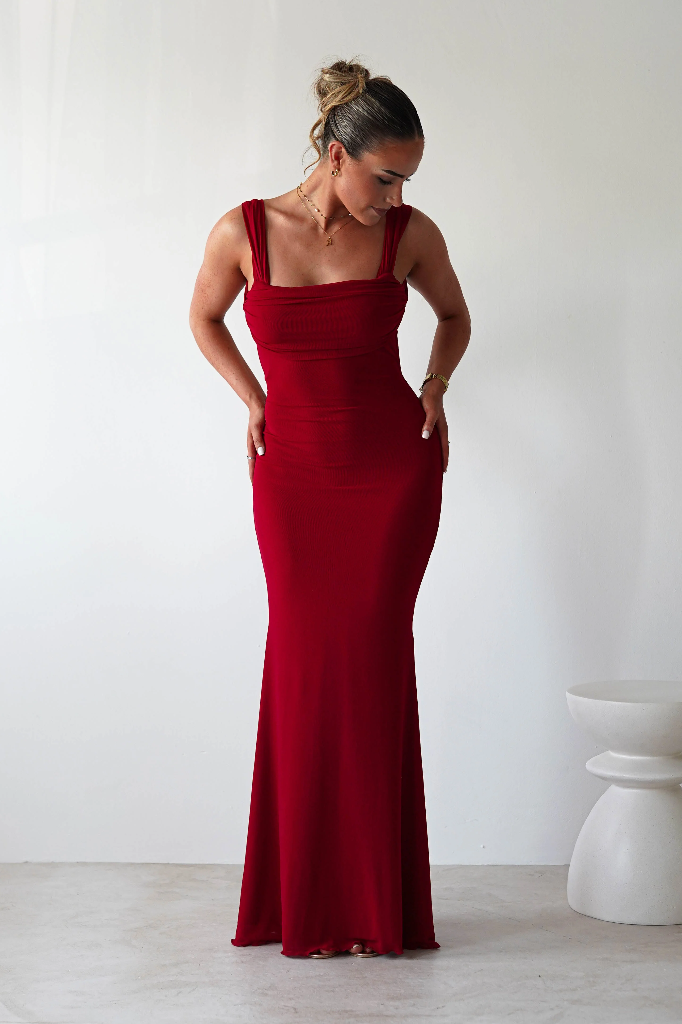 Sky Stretchy Mesh Backless Maxi Dress | Dark Red - Image 4
