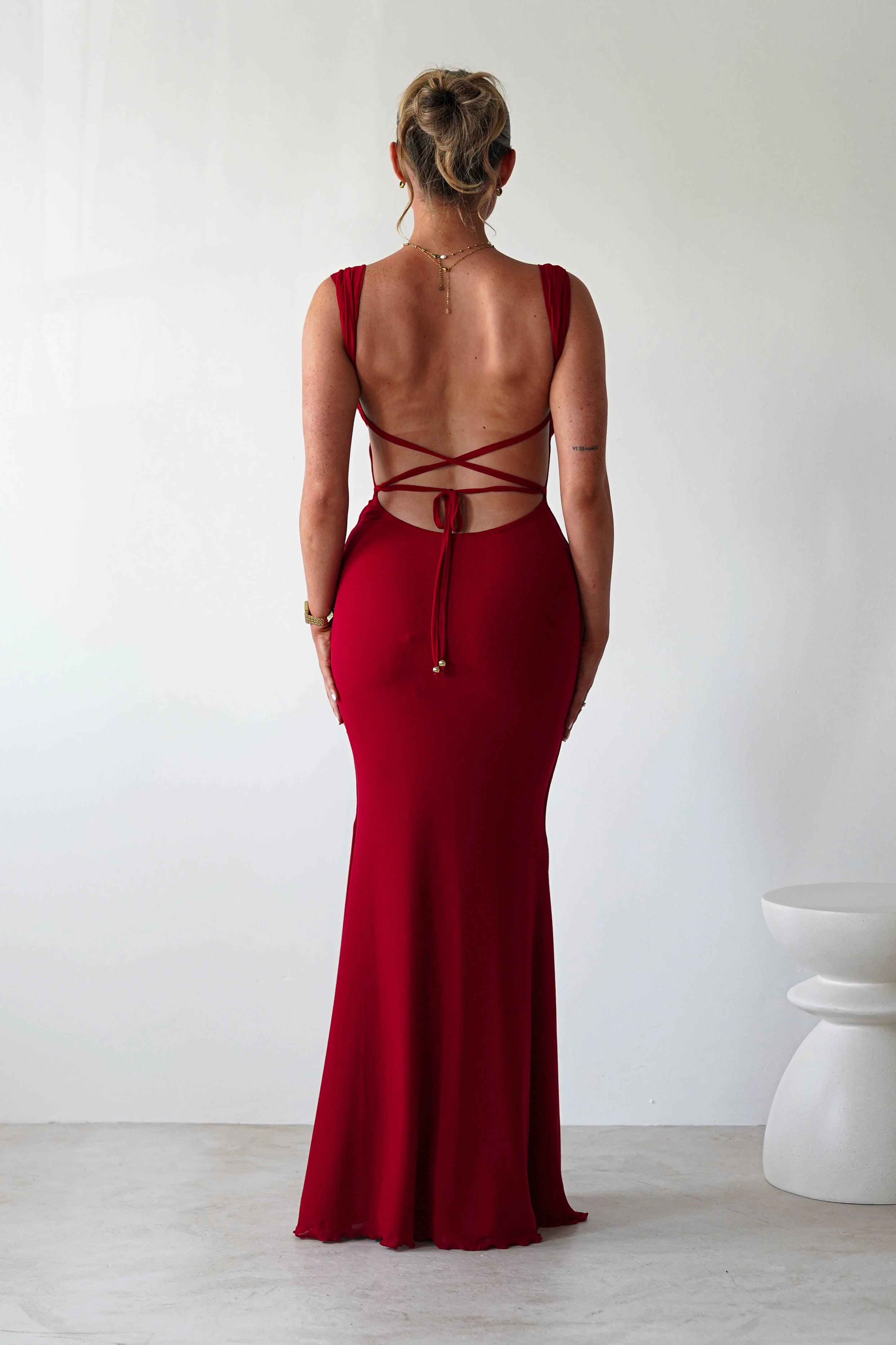 Sky Stretchy Mesh Backless Maxi Dress | Dark Red - Image 5