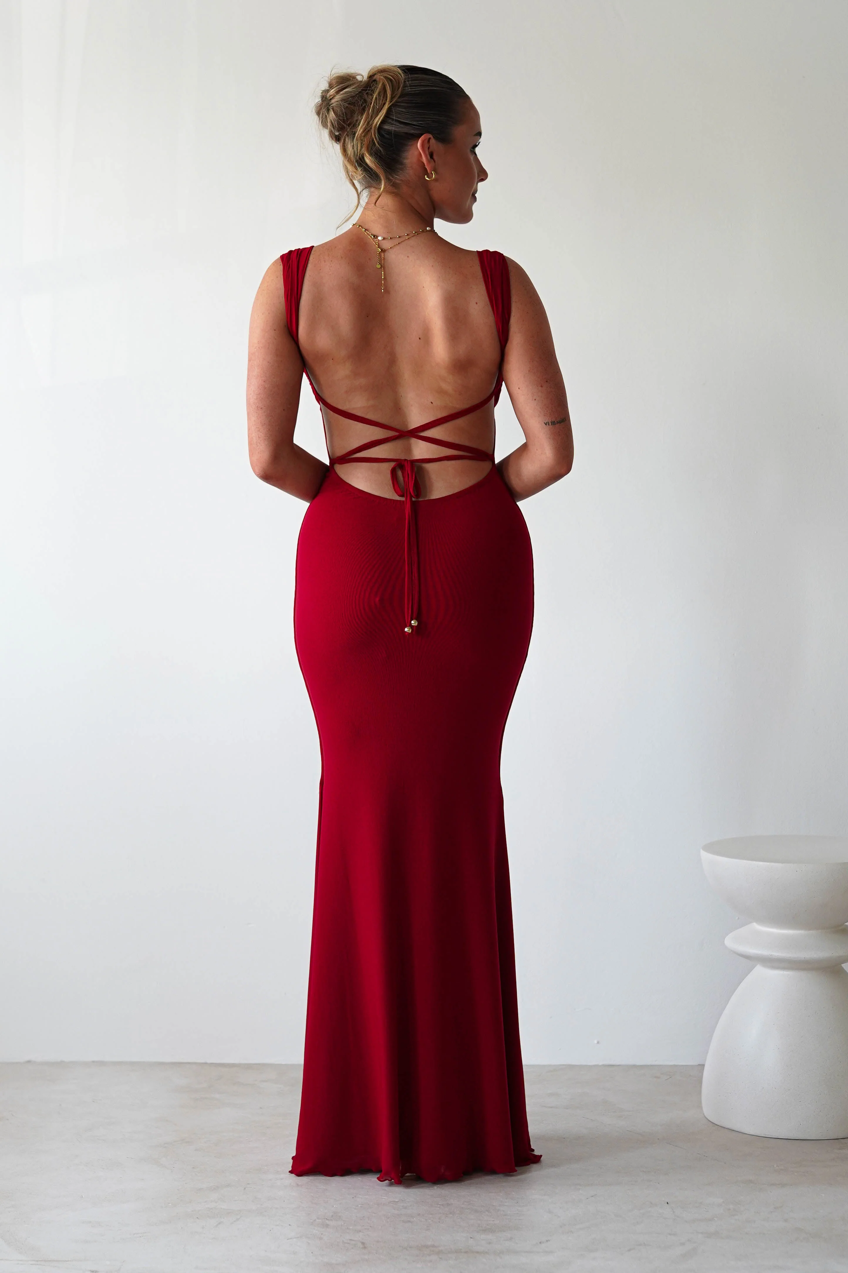 Sky Stretchy Mesh Backless Maxi Dress | Dark Red - Image 6