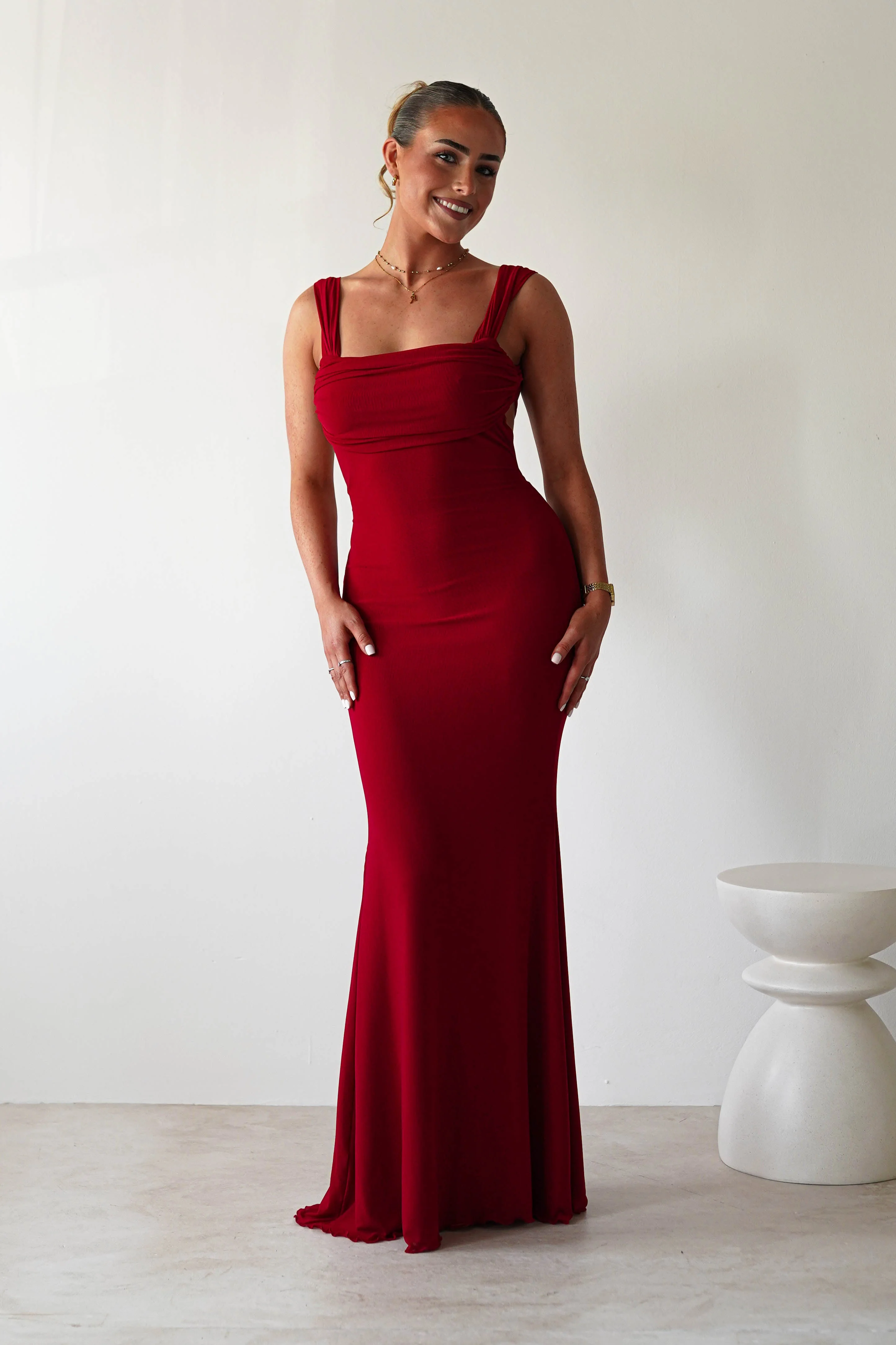 Sky Stretchy Mesh Backless Maxi Dress | Dark Red - Image 9
