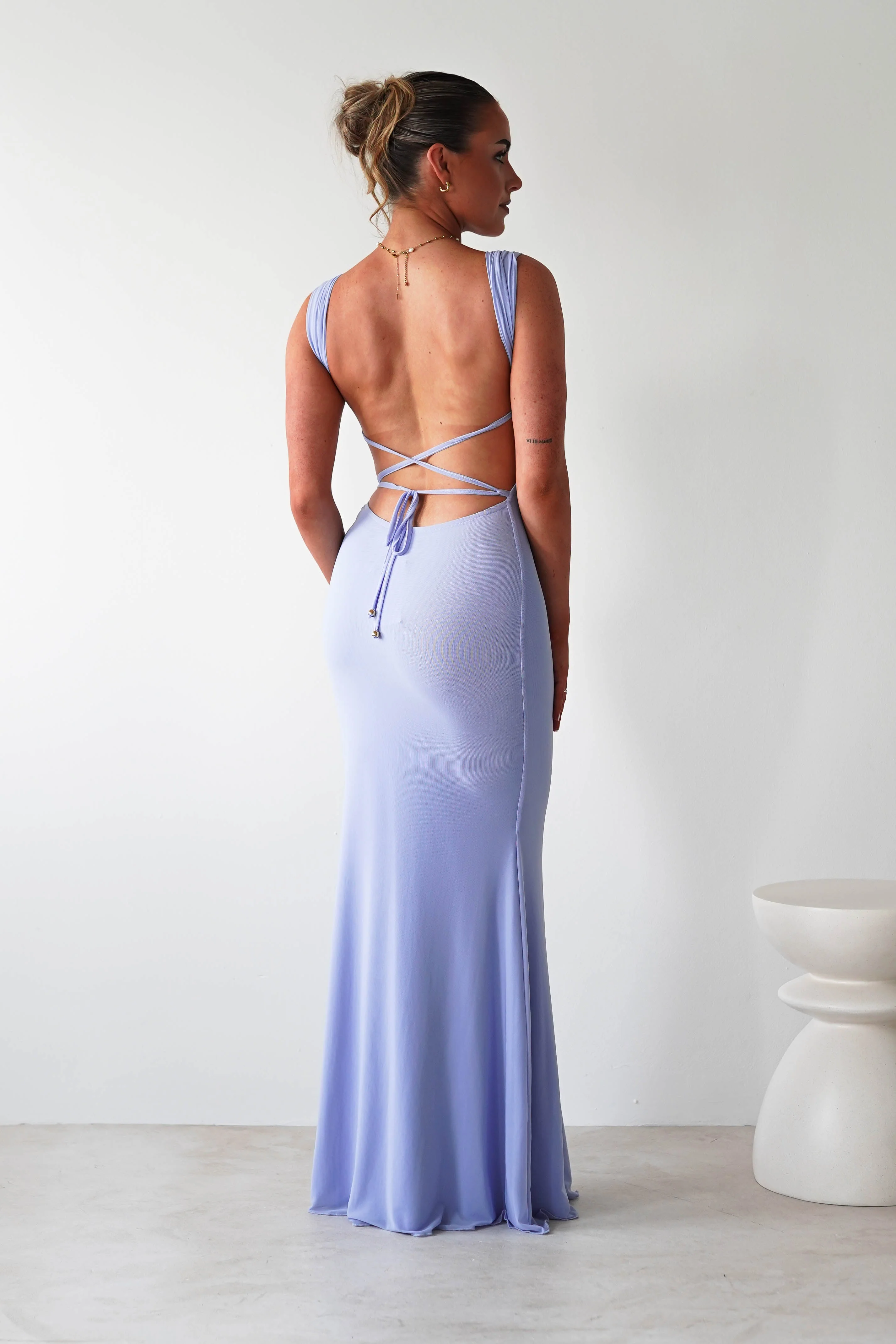 Sky Stretchy Mesh Backless Maxi Dress | Dusty Blue - Image 7