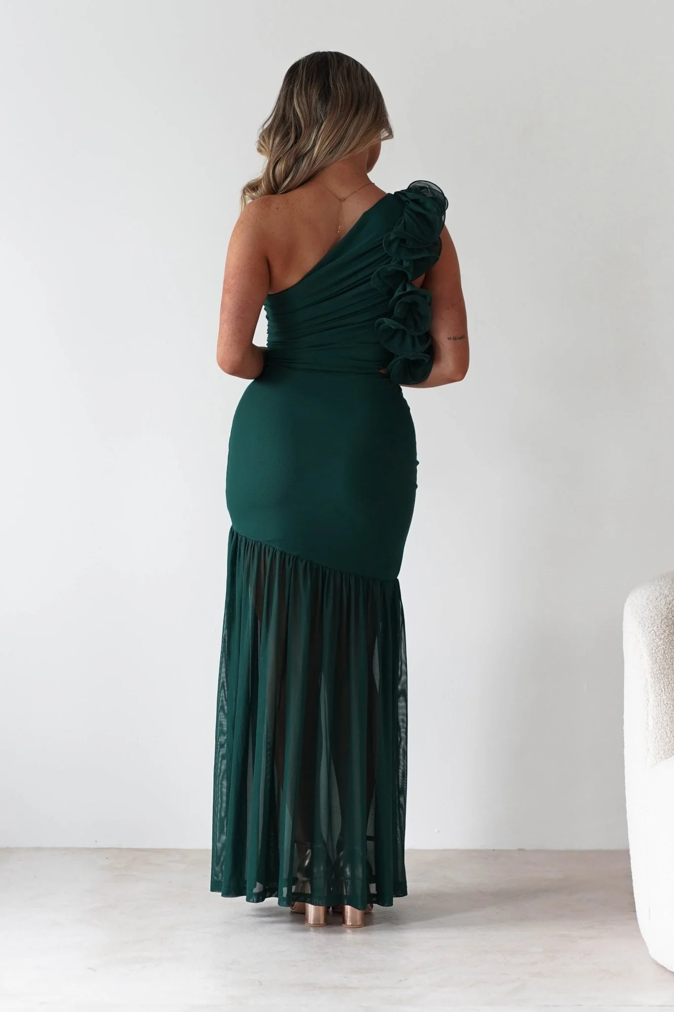 Stephanie Mesh Ruffle Maxi Dress | Forest Green - Image 3