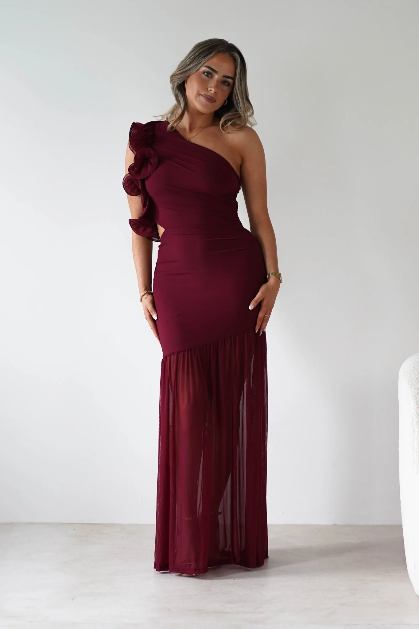 Stephanie Mesh Ruffle Maxi Dress | Wine - Image 2