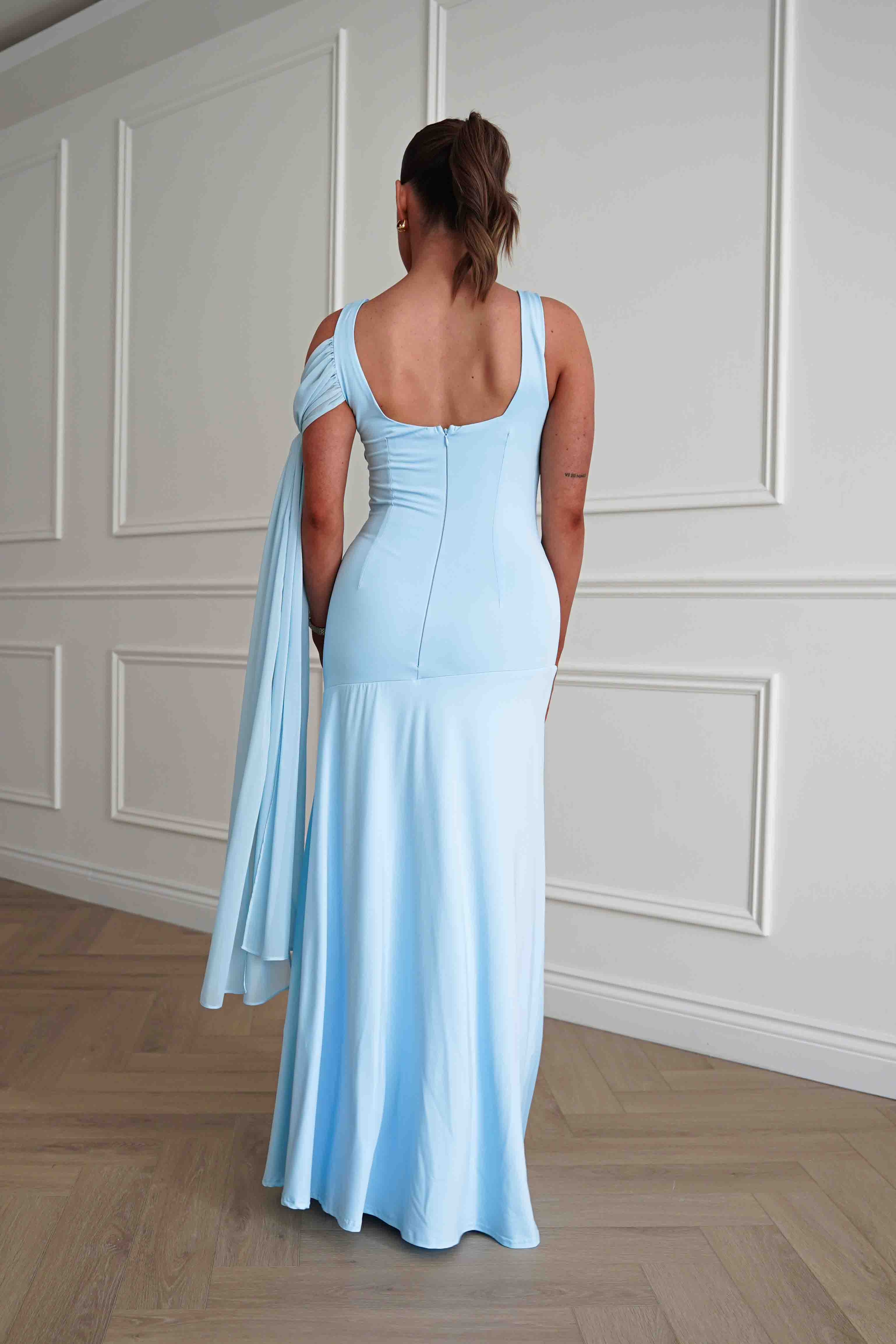 Veronika Asymmetric Drape Detail Maxi Dress | Blue - Image 6