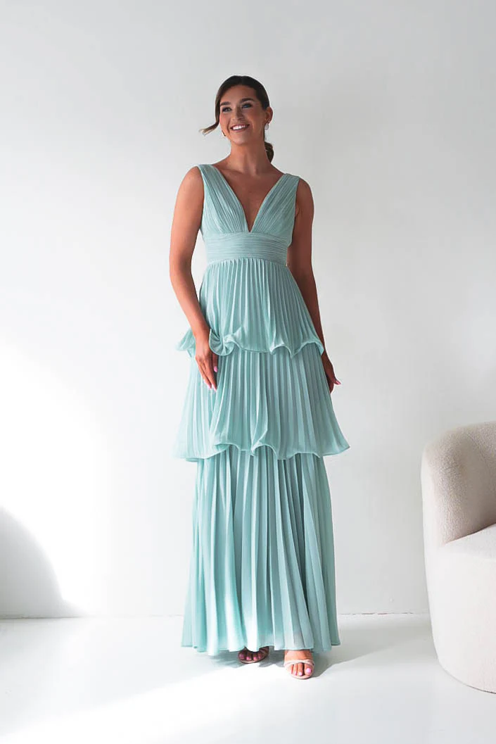 Vina Tiered Pleated Layered Maxi Dress | Mint - Image 3